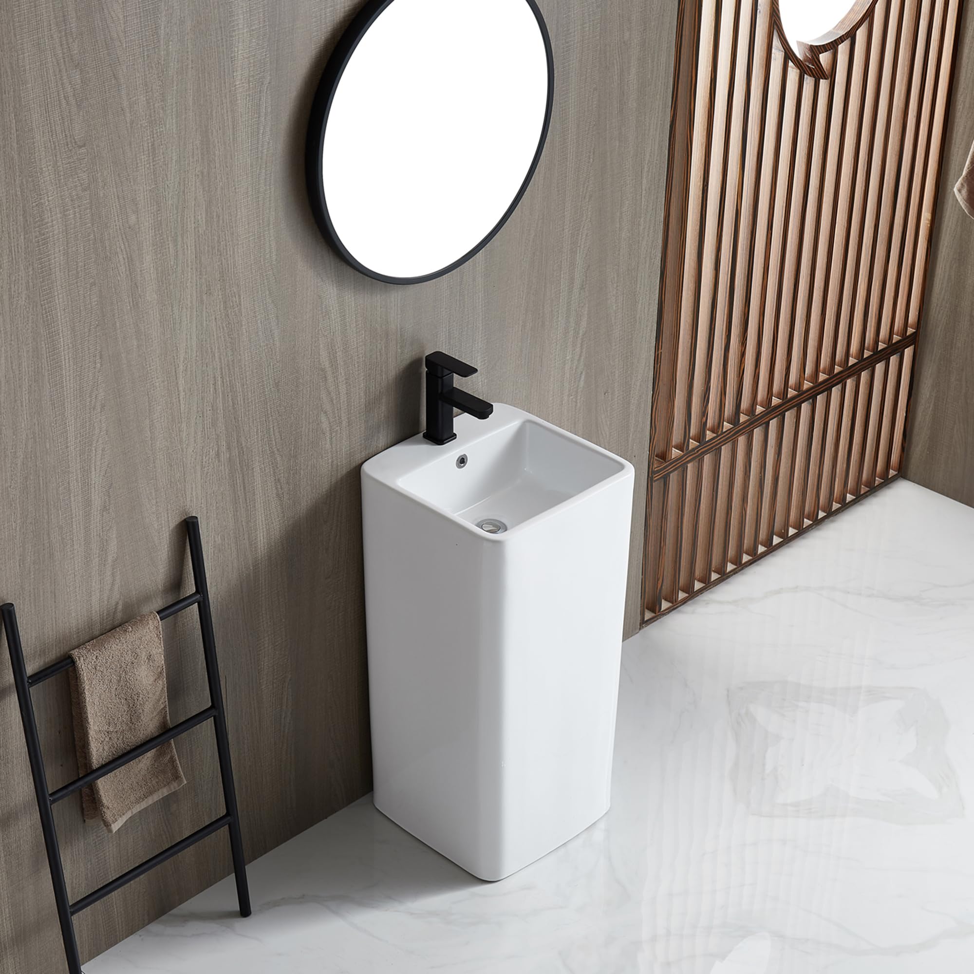 Eridanus 16x16 Inch Glossy White Vitreous Ceramic Pedestal Bathroom Sink with Overflow - Square One Piece Design for Modern Bathrooms, Powder Rooms & Guest Baths