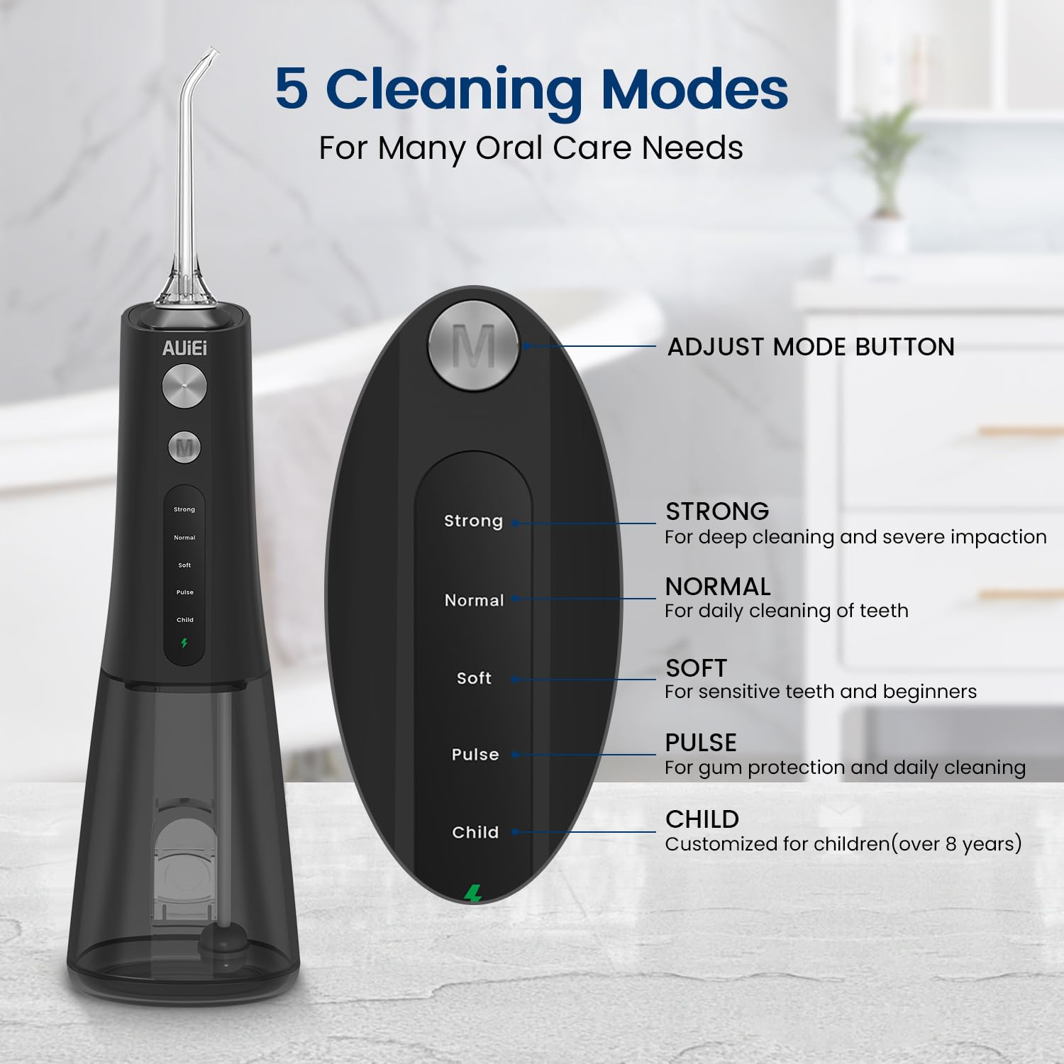 AUIEI Cordless Water Flosser for Teeth - Professional Oral Irrigator with 5 Cleaning Modes, 4 Jet Tips & 300ML Tank | USB-C Rechargeable Portable Teeth Cleaner | Perfect for Home Use & Travel (Black) | Ideal for Braces, Gum Care & Dental Hygiene