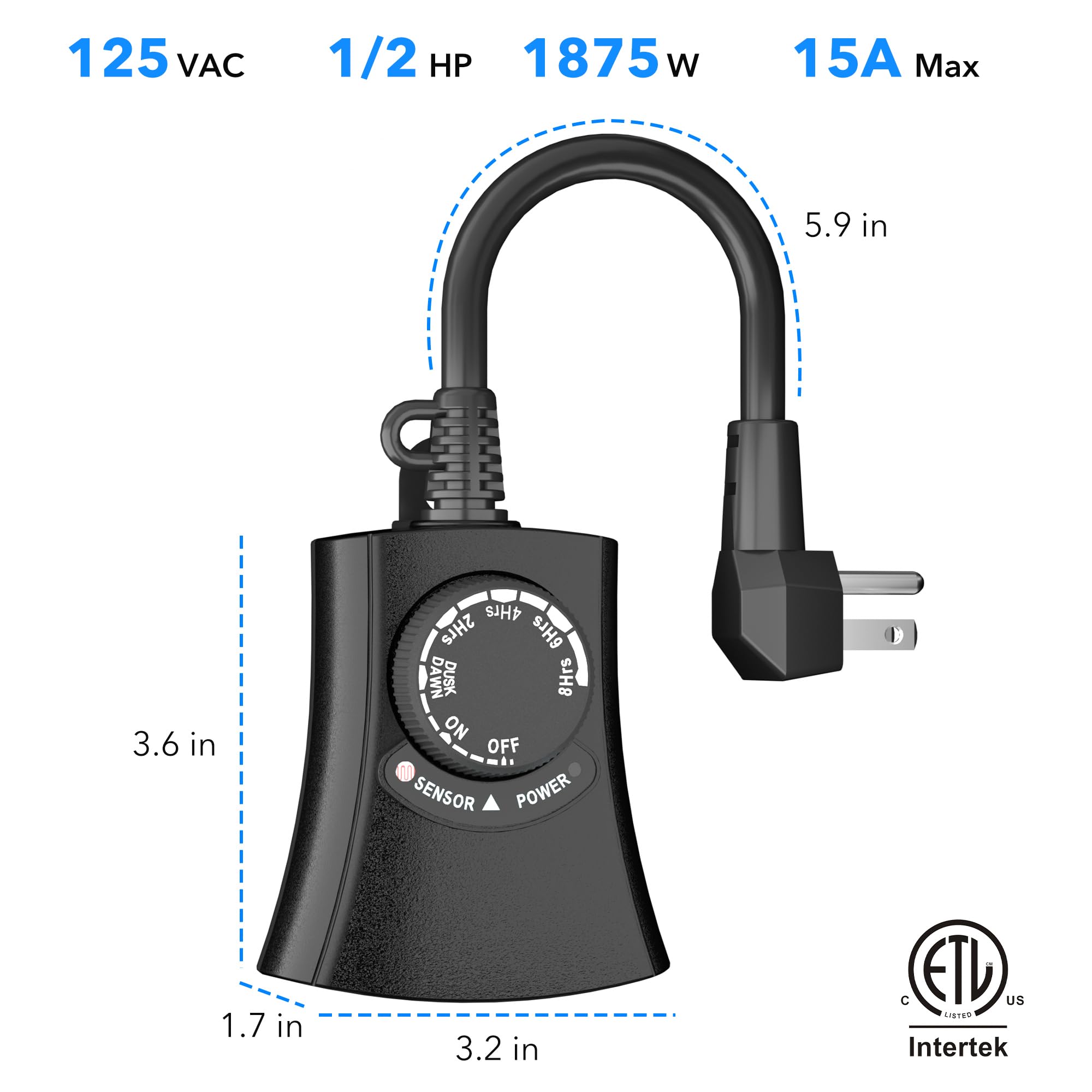 HBN Outdoor Light Timer Waterproof - Weatherproof Photocell Dusk to Dawn Sensor with 2/4/6/8 Hour Countdown - 2 Grounded Outlets for Christmas Lights & Halloween Decorations (1875W 15A 1/2HP) - Perfect for Patio, Garden, and Holiday Lighting
