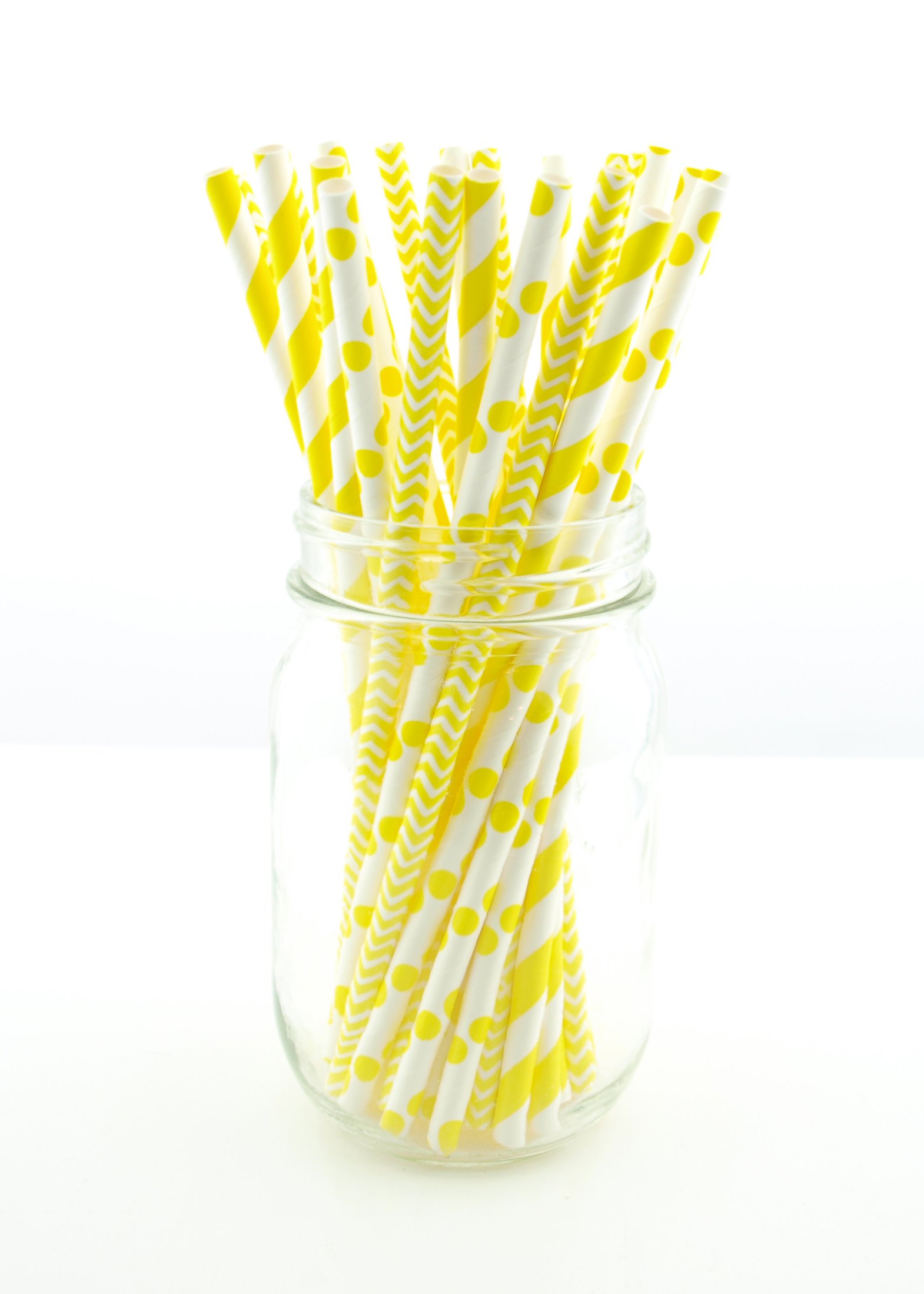 **Yellow Wedding Straws - 75 Pack Bulk Paper Drinking Straws for Summer BBQ, Lemonade, Bridal Shower & Party Supplies (Striped, Polka Dot, Zig Zag Designs) - Eco-Friendly Disposable Straws for Weddings, Birthdays & Picnics**
