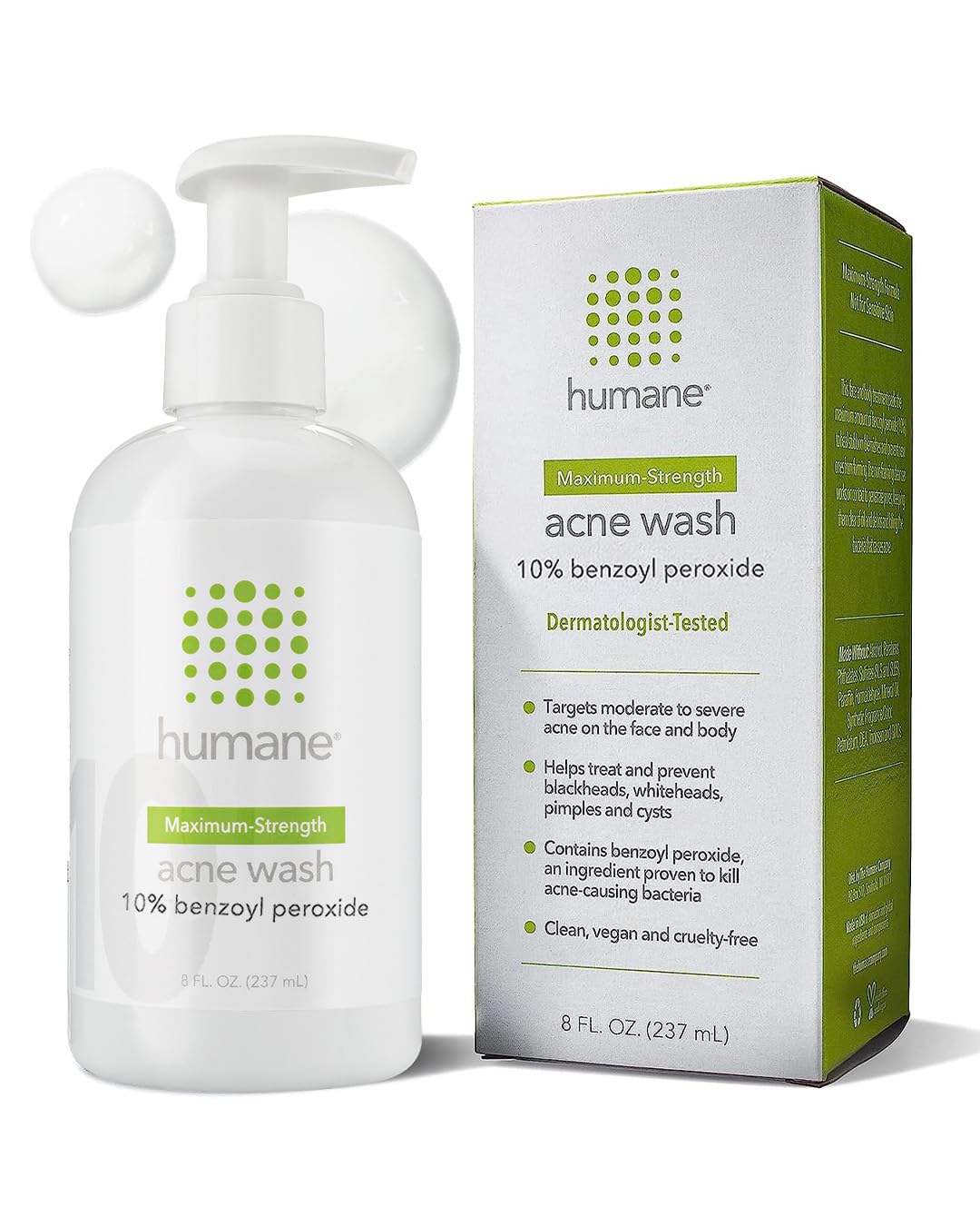 10% Benzoyl Peroxide Acne Body Wash - Maximum Strength Face & Body Cleanser for Back, Butt & Skin - 8 Fl Oz Dermatologist-Tested Vegan Formula - Fight Breakouts on Chest, Shoulders & Acne-Prone Areas - Cruelty-Free Non-Foaming Wash for Teens & Adults