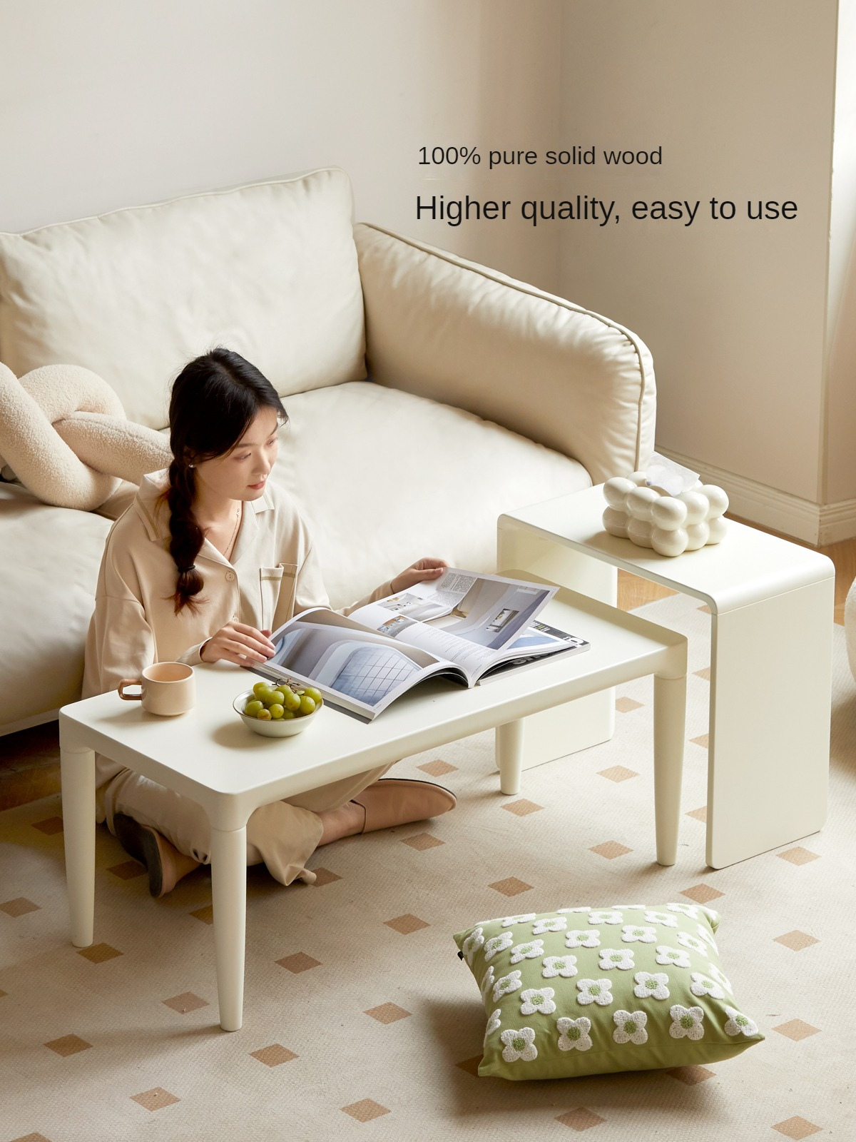 Solid Pine Wood Coffee Table and Side Table Set - Nordic Style Modern Living Room Furniture for Home Decor and Small Space