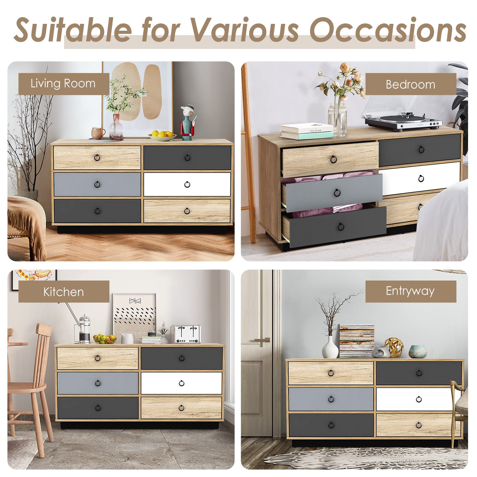 Giantex 6-Drawer Dresser Chest - Sturdy Wooden Double Clothes Organizer with Anti-Tip Safety Device, Spacious Storage Cabinet for Bedroom, Living Room & Entryway | Perfect for Organizing Clothes, Linens and Home Accessories