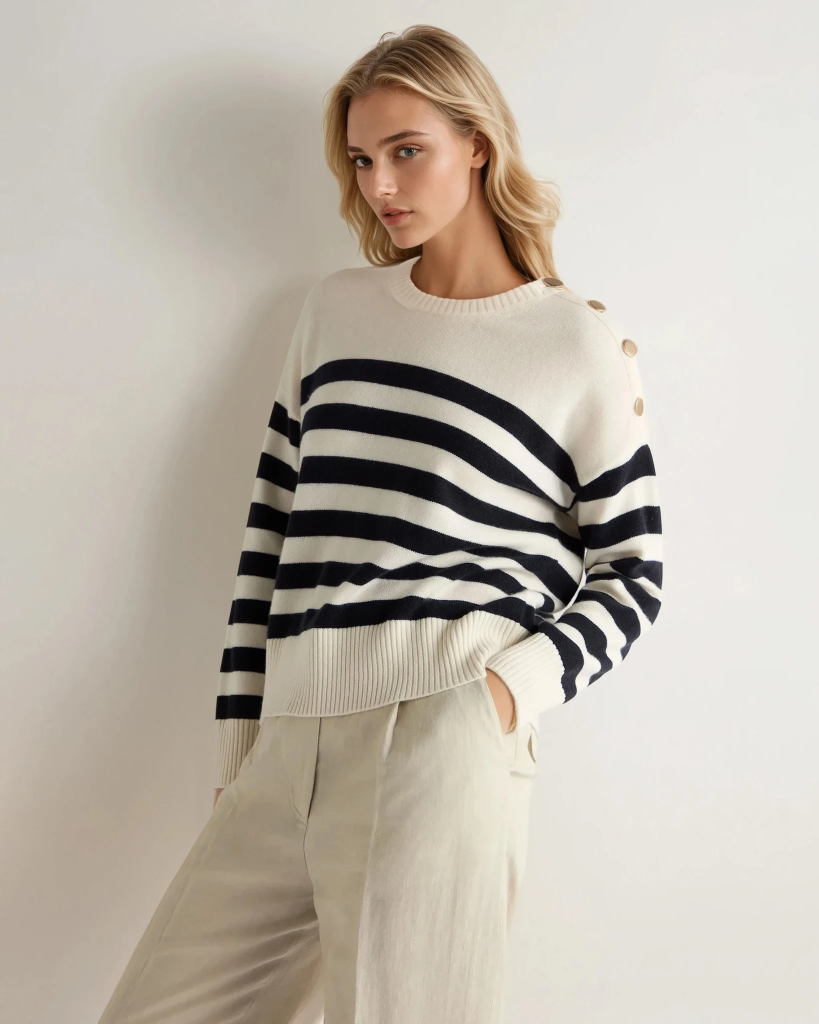 Luxury Women's Striped Cashmere Sweater - Soft Ivory White Winter Pullover for Cozy Outfits & Holiday Gatherings