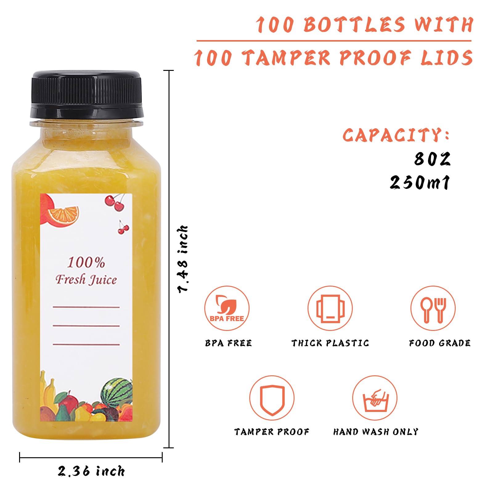 150 Pack 8 oz Clear Plastic Juice Bottles with Caps - Reusable Empty Water Bottles for Drinking, Juicing, Smoothies, Beverage Storage - Includes 2 Brushes, 2 Funnels & 160 Stickers - Perfect for Home, Party, Restaurant & Catering Use