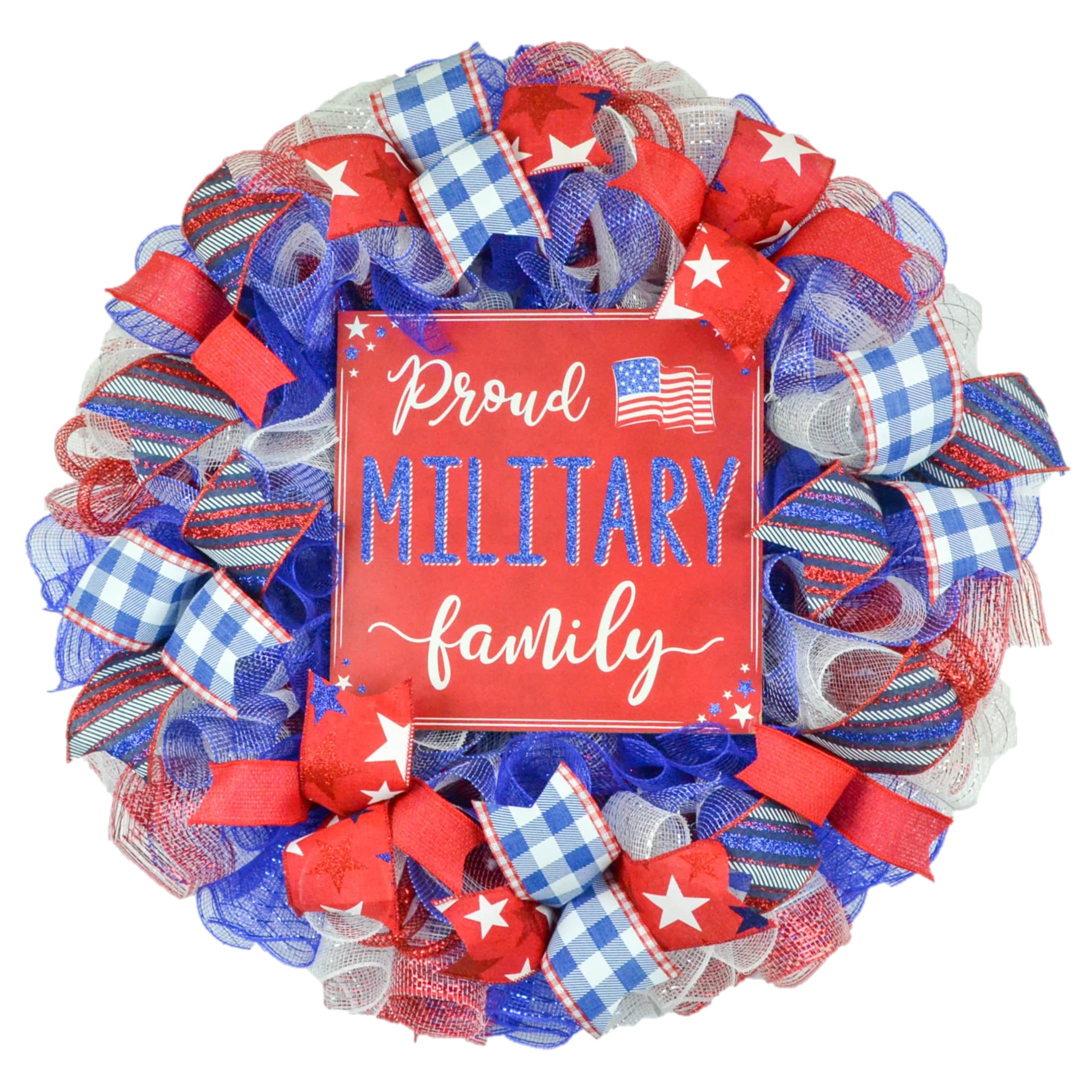 4th of July Wreath - Patriotic Red White & Blue American Flag Wreath for Front Door - Military Family Home Decor for Independence Day, Memorial Day & Veterans Day Celebrations