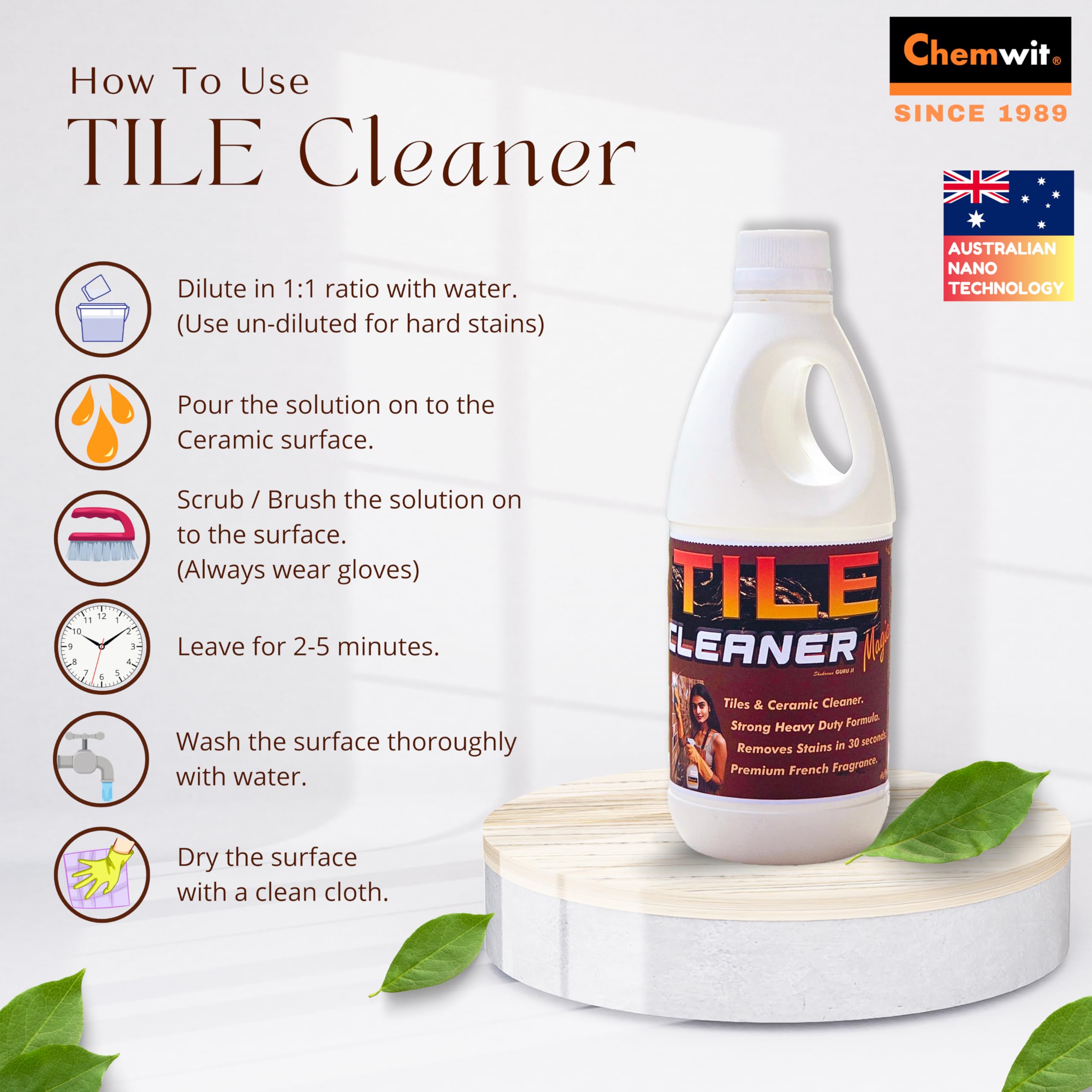 Chemwit Heavy Duty Tile Cleaner Liquid - Powerful Bathroom & Kitchen Floor & Wall Tile Stain Remover - Safe for Ceramic, Porcelain & Grout Cleaning - Ideal for Shower, Backsplash & Countertop Maintenance