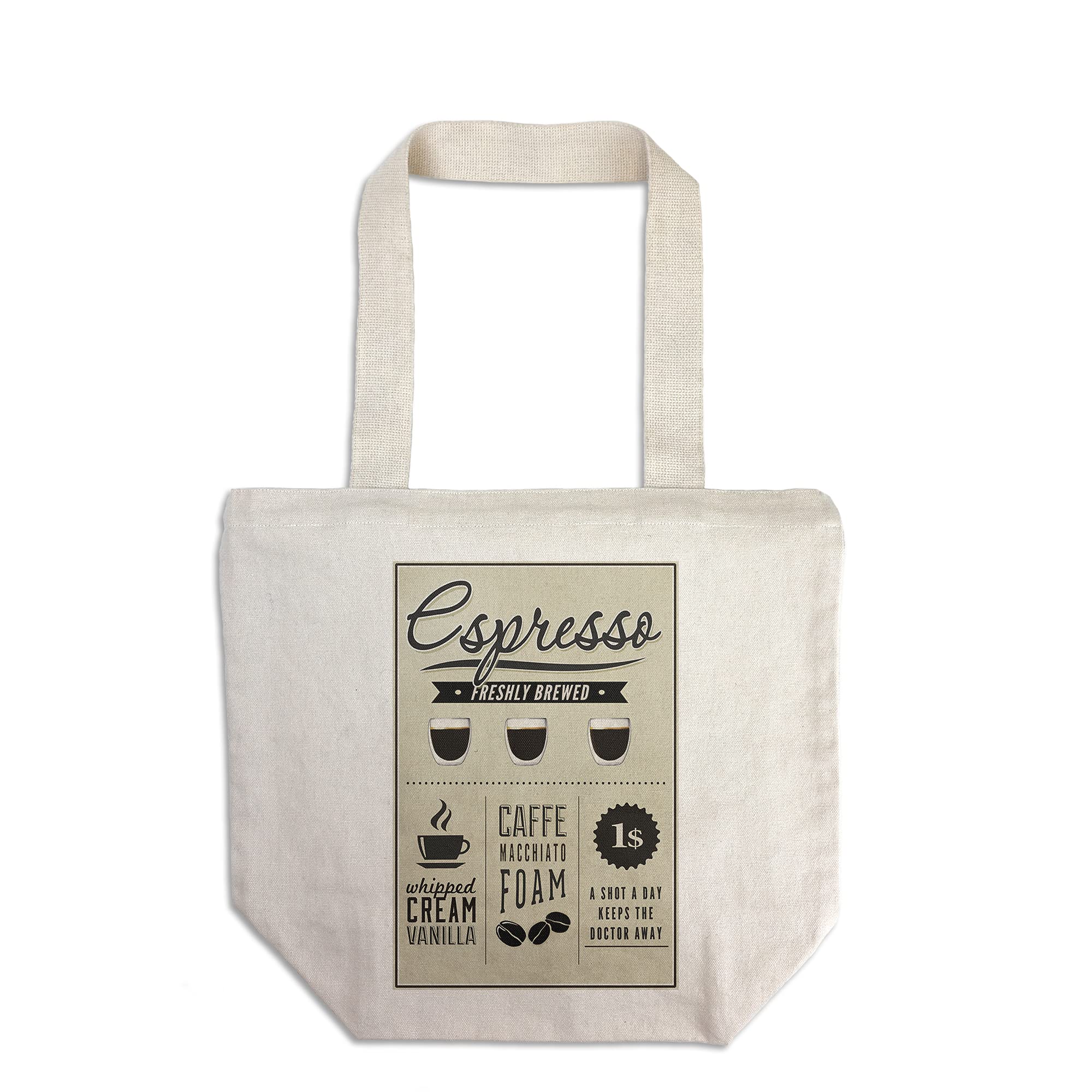 Lantern Press Espresso Freshly Brewed Cream Cotton Canvas Reusable Tote Bag - Eco-Friendly Shopping Bag for Groceries, Beach & Daily Use