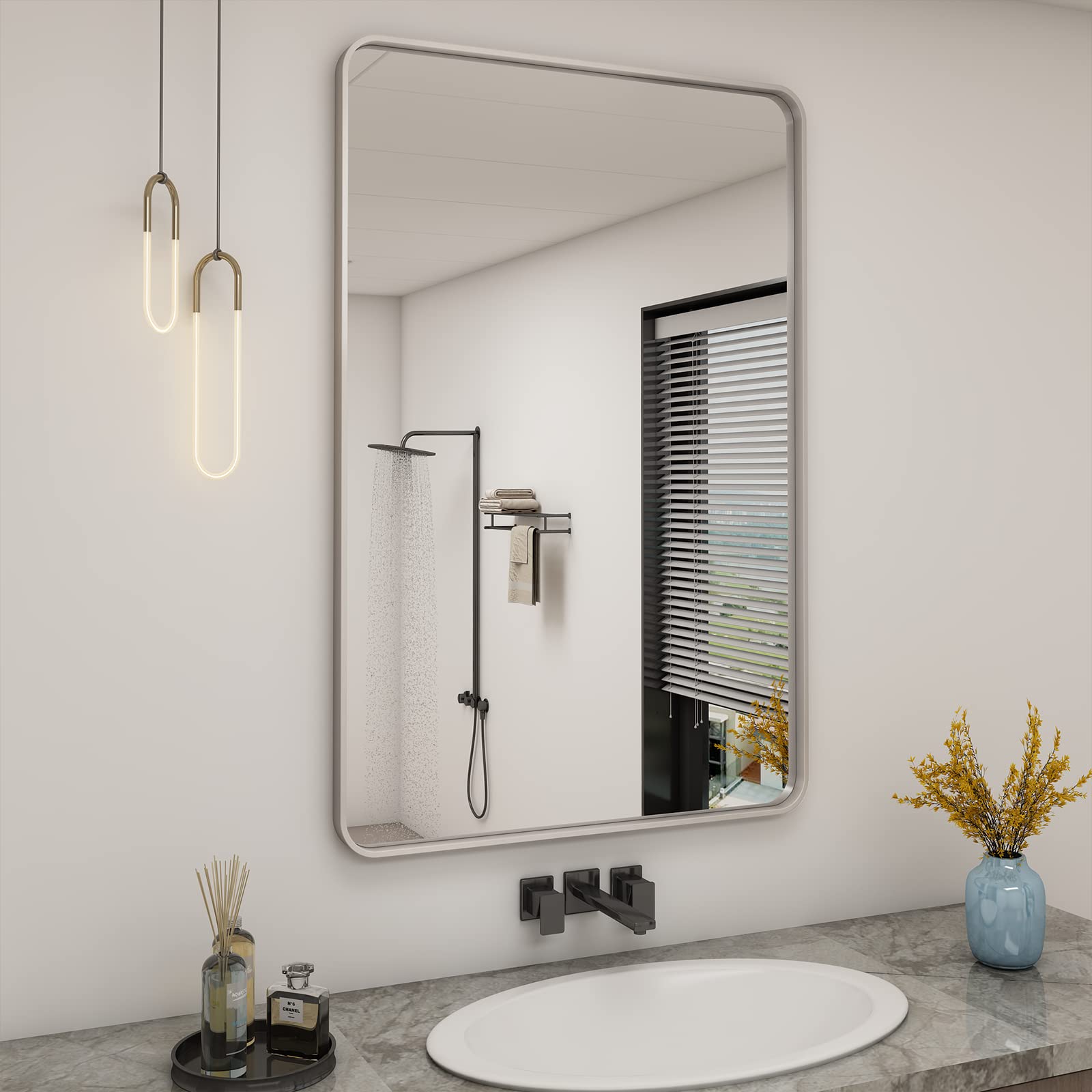 24x36 Silver Brushed Metal Framed Bathroom Mirror - Modern Rounded Corner Rectangle Wall Mirror with Anti-Rust Finish (Horizontal/Vertical Mounting) - Perfect for Vanity, Powder Room & Contemporary Bathroom Decor