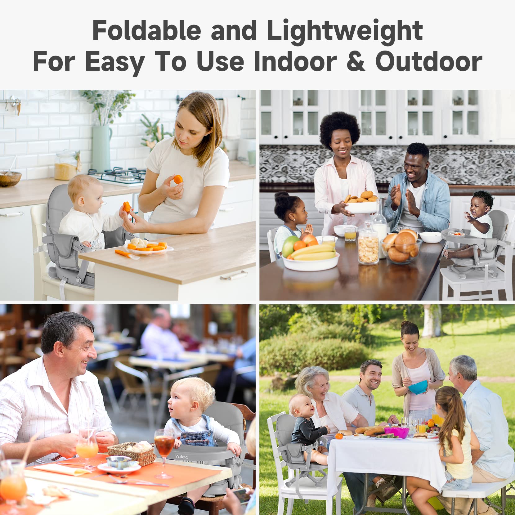 YOLEO Adjustable Baby High Chair Booster Seat for Dining Table - Portable Toddler Travel High Chair with Removable Tray & Washable Cushion - Foldable Design for Home & Restaurant Use (Grey)