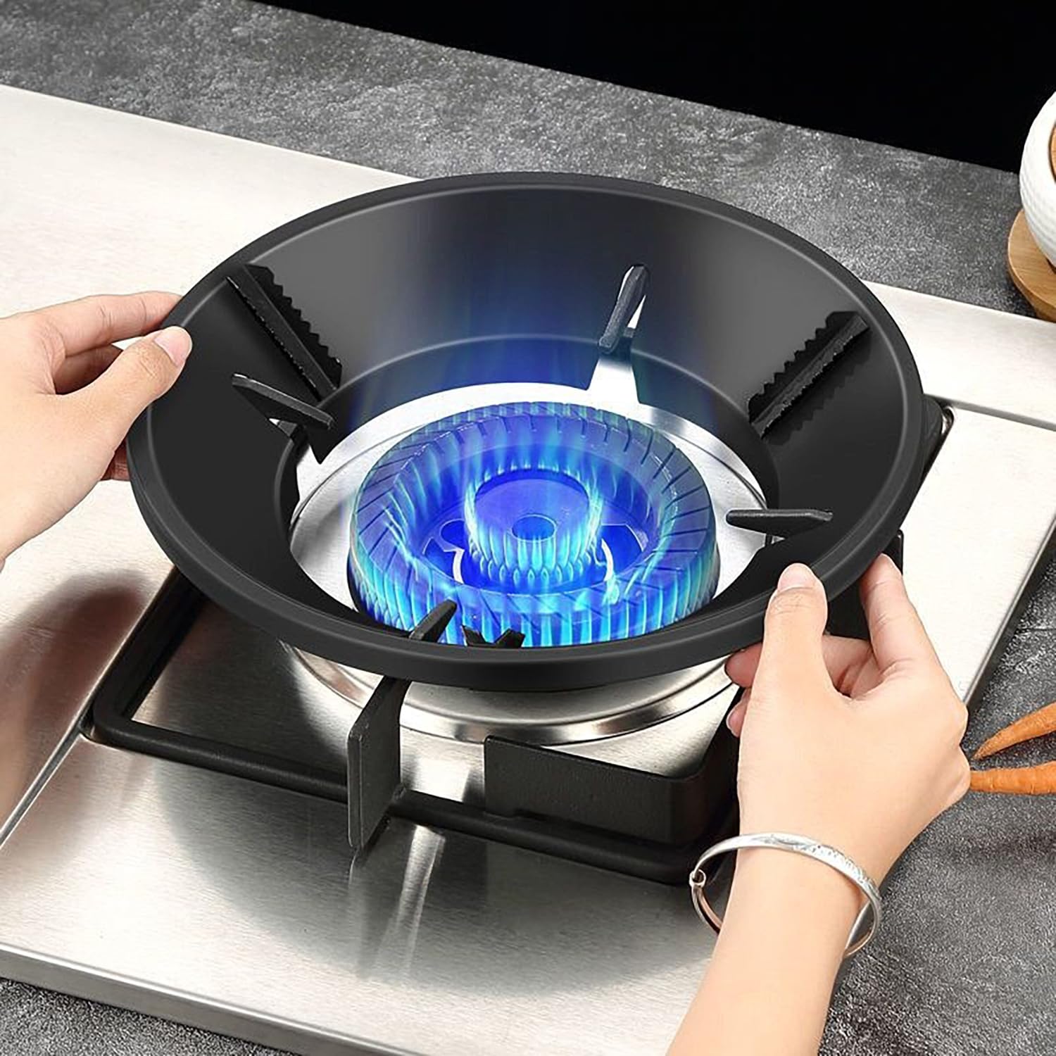 360° Windproof Gas Burner Stand for Stove - Round Kitchen Gas Saver Burner Stand with Free 2 Scrunchies (Black, 2-Pack) | Perfect for Outdoor Camping & Indoor Cooking