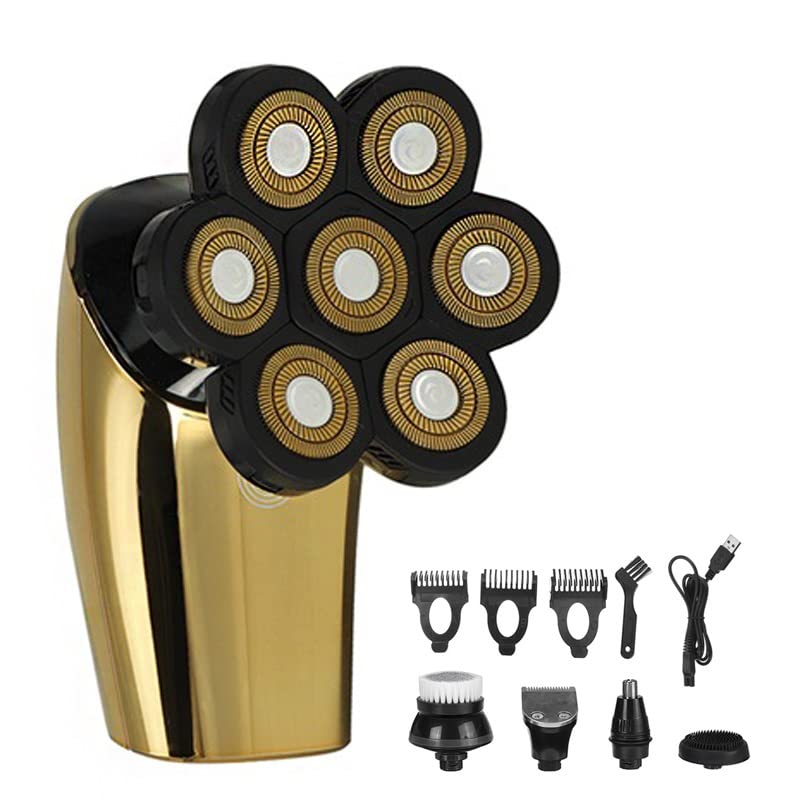7D Rechargeable Electric Head Shaver for Bald Men - 7-in-1 Multifunctional Shaver with Floating Heads, Beard Trimmer, Nose & Ear Hair Clipper, Facial Brush - Perfect for Travel, Gym & Daily Grooming (Electric Shaver Set)