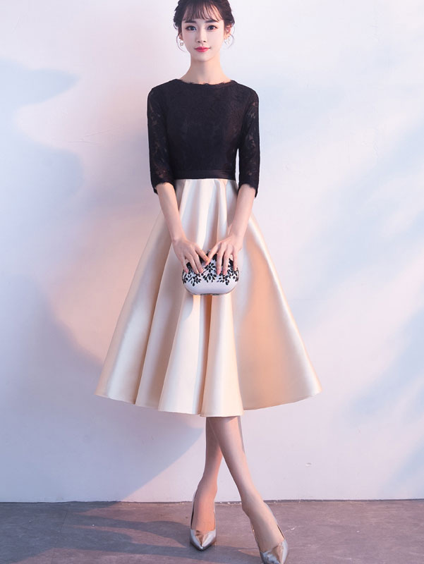 Elegant Color Blocked Belted Fit & Flare Tea Length Prom Dress for Homecoming, Wedding Guest & Special Occasions