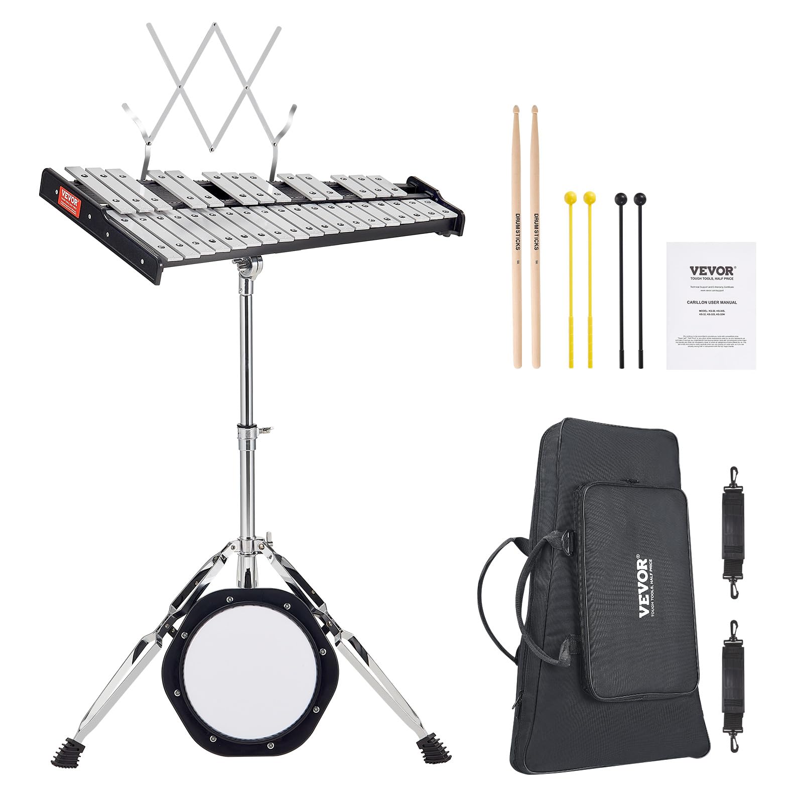 VEVOR 32-Note Glockenspiel Xylophone Bell Kit - Professional Percussion Instrument Set with Mallets, Drum Sticks, Music Sheet, 8