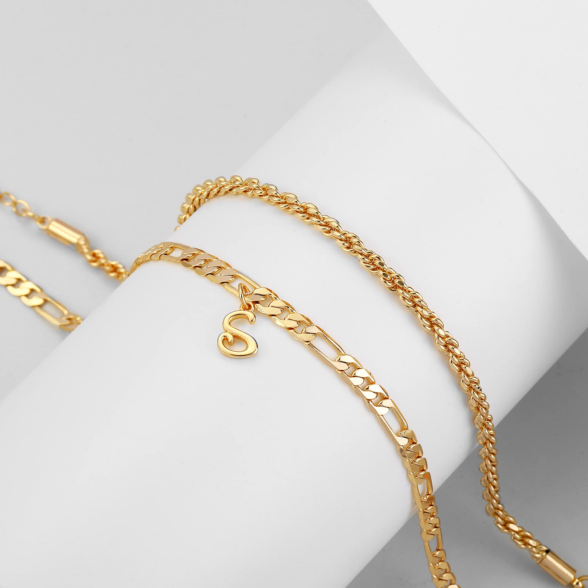 14K Gold Plated Initial Ankle Bracelet for Women - Personalized Cuban Link Chain Anklet with Rope Figaro Design | Perfect for Beach Vacation, Date Night & Everyday Jewelry