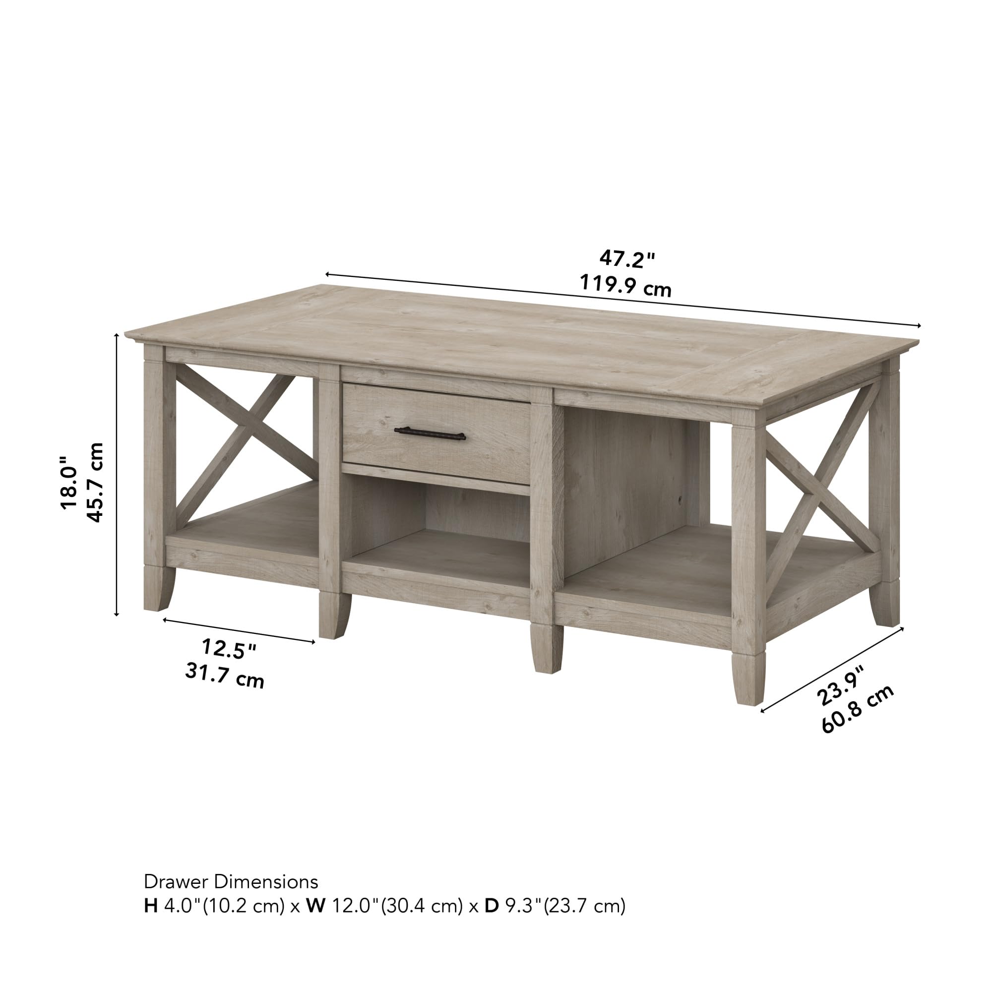 Bush Furniture Key West Coffee Table with Storage Shelf - Washed Gray Finish - Modern Living Room Centerpiece for Home Decor & Organization