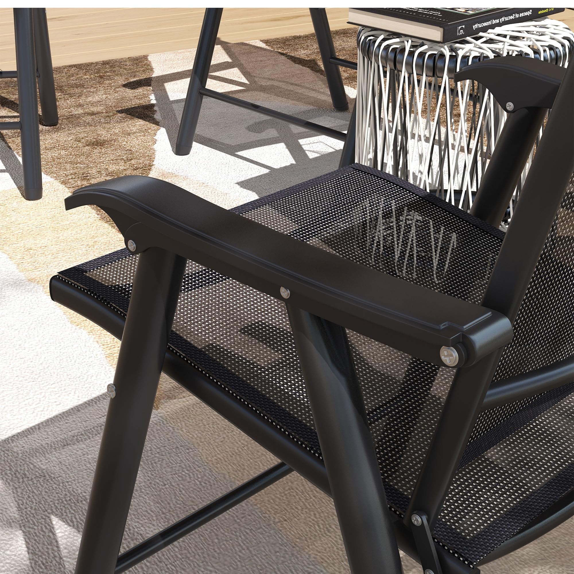 Outsunny 4-Piece Stackable Folding Patio Chairs Set - Black Metal Frame Outdoor Dining Chairs with Armrests for Lawn, Camping, Beach & Backyard - No Assembly Required | Perfect for BBQs, Poolside Lounging & Garden Parties