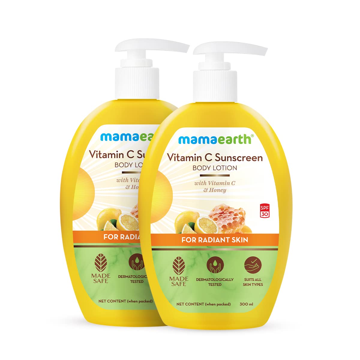 Mamaearth Vitamin C Sunscreen Body Lotion SPF 30 with Honey for Radiant Skin - 300ml (Pack of 2) | All Skin Types | Daily Moisturizer for Face & Body | Perfect for Beach, Outdoor Activities & Sun Protection
