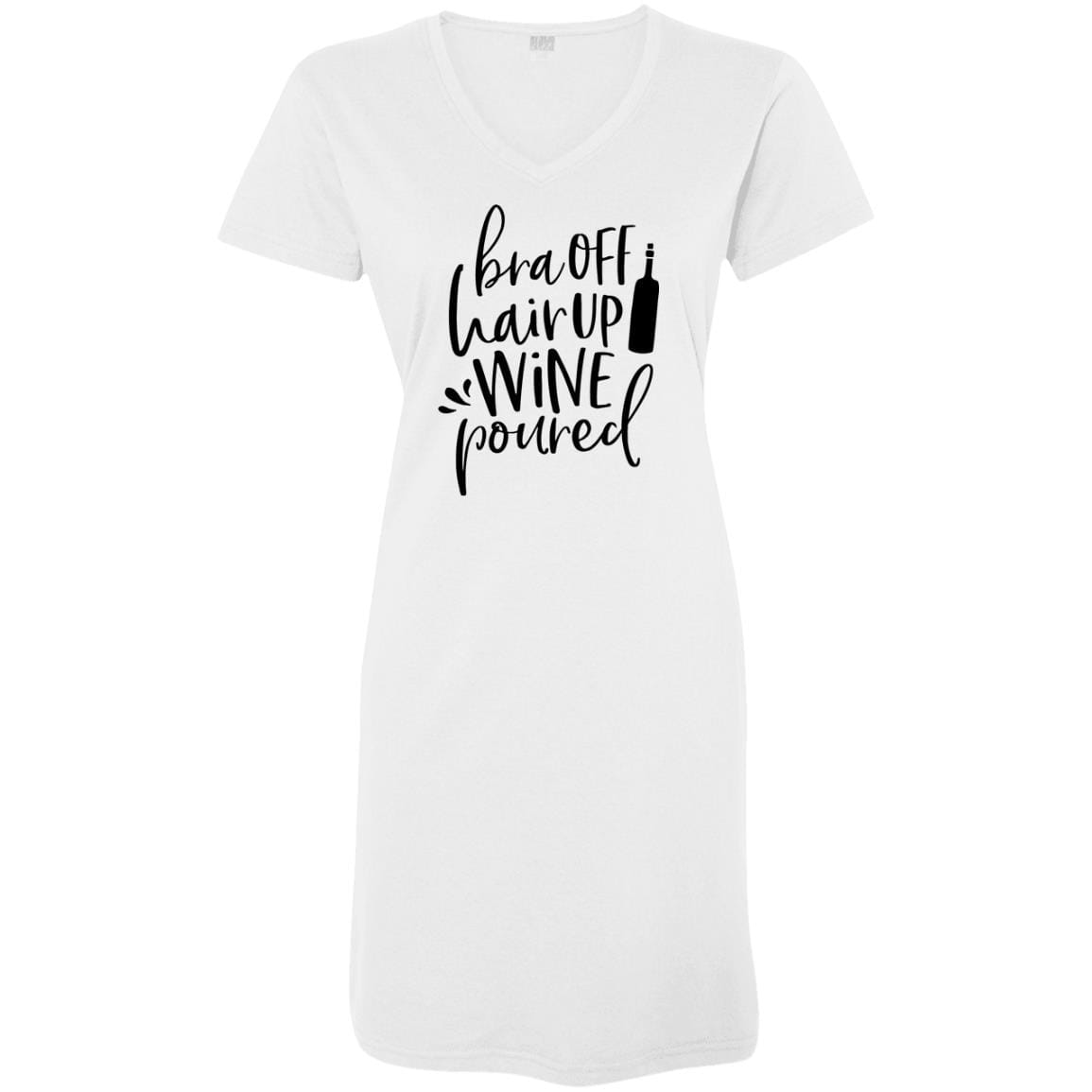 WineyBitches.Co Women's V-Neck Jersey Cover Up - 'Bra Off Hair Up Wine Poured' Print (Black Lettering) | Comfortable Loungewear for Wine Nights, Girls' Night Out & Relaxing at Home