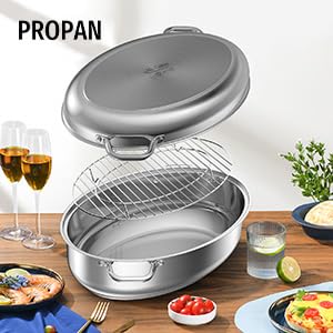 PROPAN 12 Quart Roasting Pan with Rack & Lid - 18/10 Stainless Steel Oval Dutch Oven - Induction Compatible, Dishwasher & Oven Safe Turkey Roaster (17 Inch) - Perfect for Holiday Meals, Roasting Turkey, Chicken, Beef & Baking Casseroles