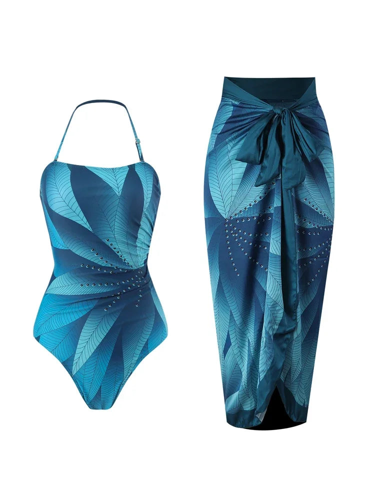 Elegant Blue Leaf Printed One Piece Swimsuit for Women - High Waisted Tummy Control Swimwear with Halter Neck | Perfect for Beach Vacations, Pool Parties & Summer Getaways