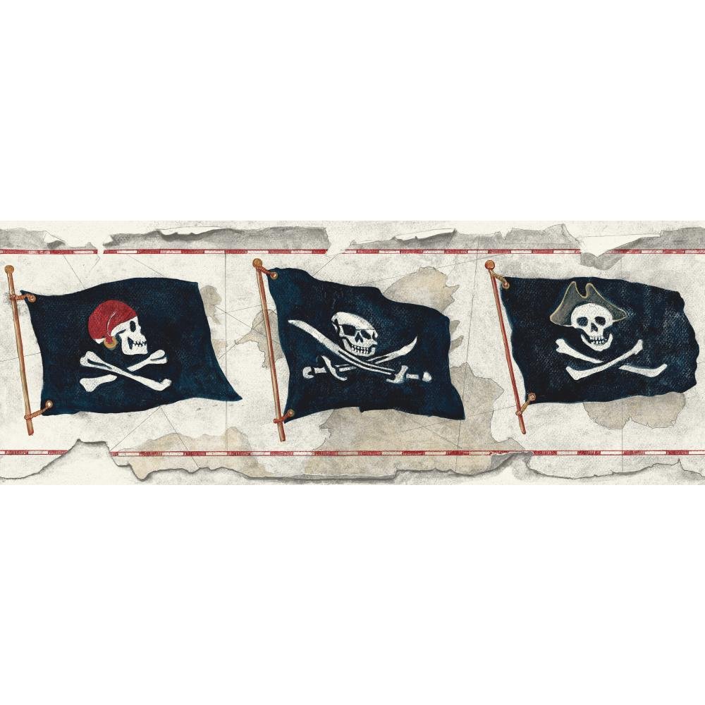 York Wallcoverings Brothers and Sisters Pirate Flag Border - Grey, Dark Blue, White, Red | Nautical Kids Room Decor | Perfect for Nursery, Playroom & Pirate Themed Bedrooms
