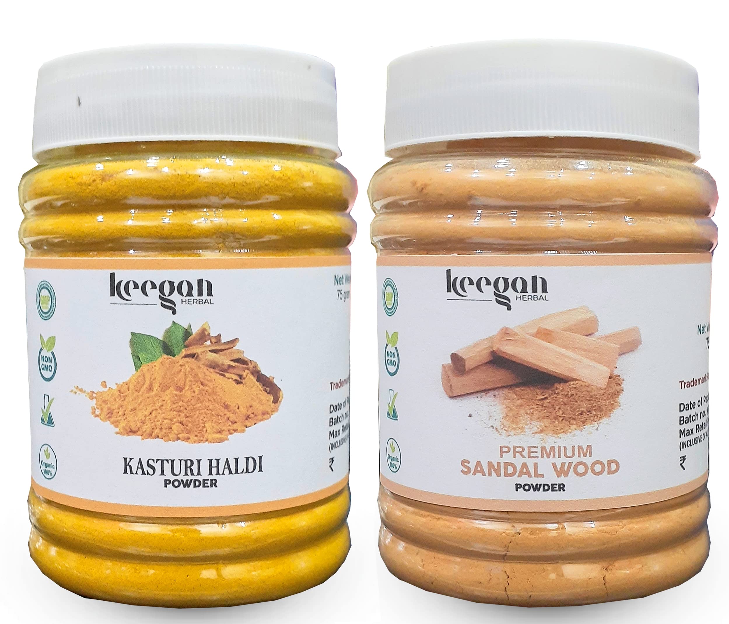 Keegan Herbal Kasturi Haldi Powder & Premium Sandalwood Powder Combo - 75g Each (150g Total) for Face Pack, Skin Brightening & Acne Treatment - Natural Ayurvedic Beauty Care for Glowing Skin