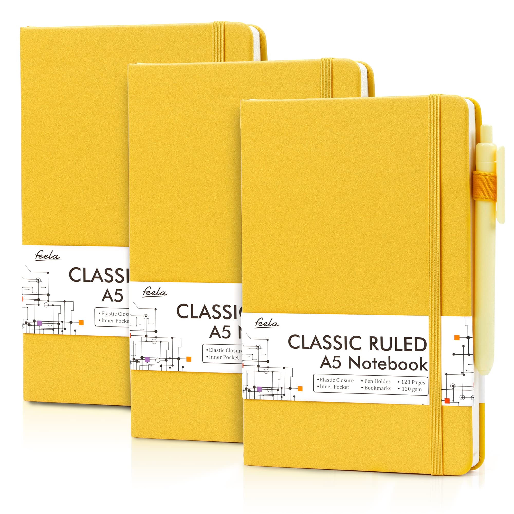 Premium 3-Pack A5 Hardcover Notebooks & Journals with 3 Black Pens - Classic Ruled Lined Writing Notebook Set with Pen Holder, 120 GSM Thick Paper (5.1”x8.3”, Yellow) - Perfect for Office Work, Business Journaling, Note Taking & Gift Giving