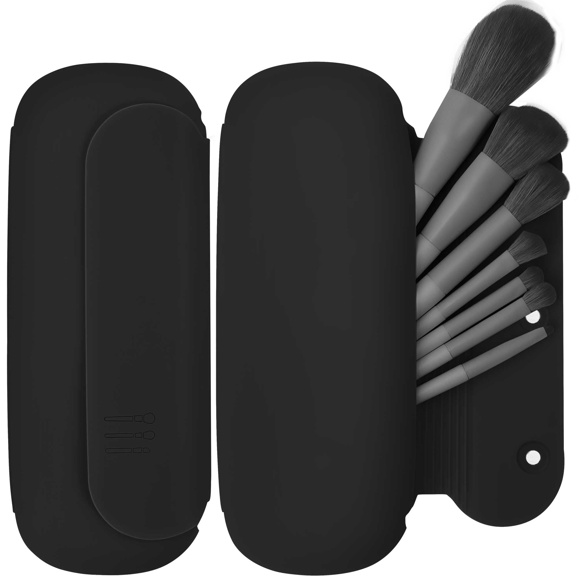 Portable Silicone Travel Makeup Brush Holder with Built-in Cleaner | Waterproof Cosmetic Brush Organizer Case | Compact Makeup Tools Storage for On-the-Go | Perfect for Travel, Gym Bag & Daily Cosmetics Organization (Black)