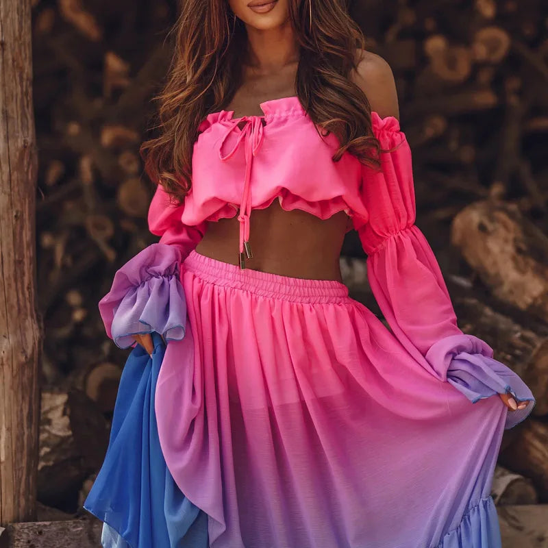 Elegant Vintage Print Off-Shoulder Ruffle Blouse & High Slit Long Skirt Women's Two-Piece Set - Autumn Chic Outfit for Date Night, Party & Special Occasions