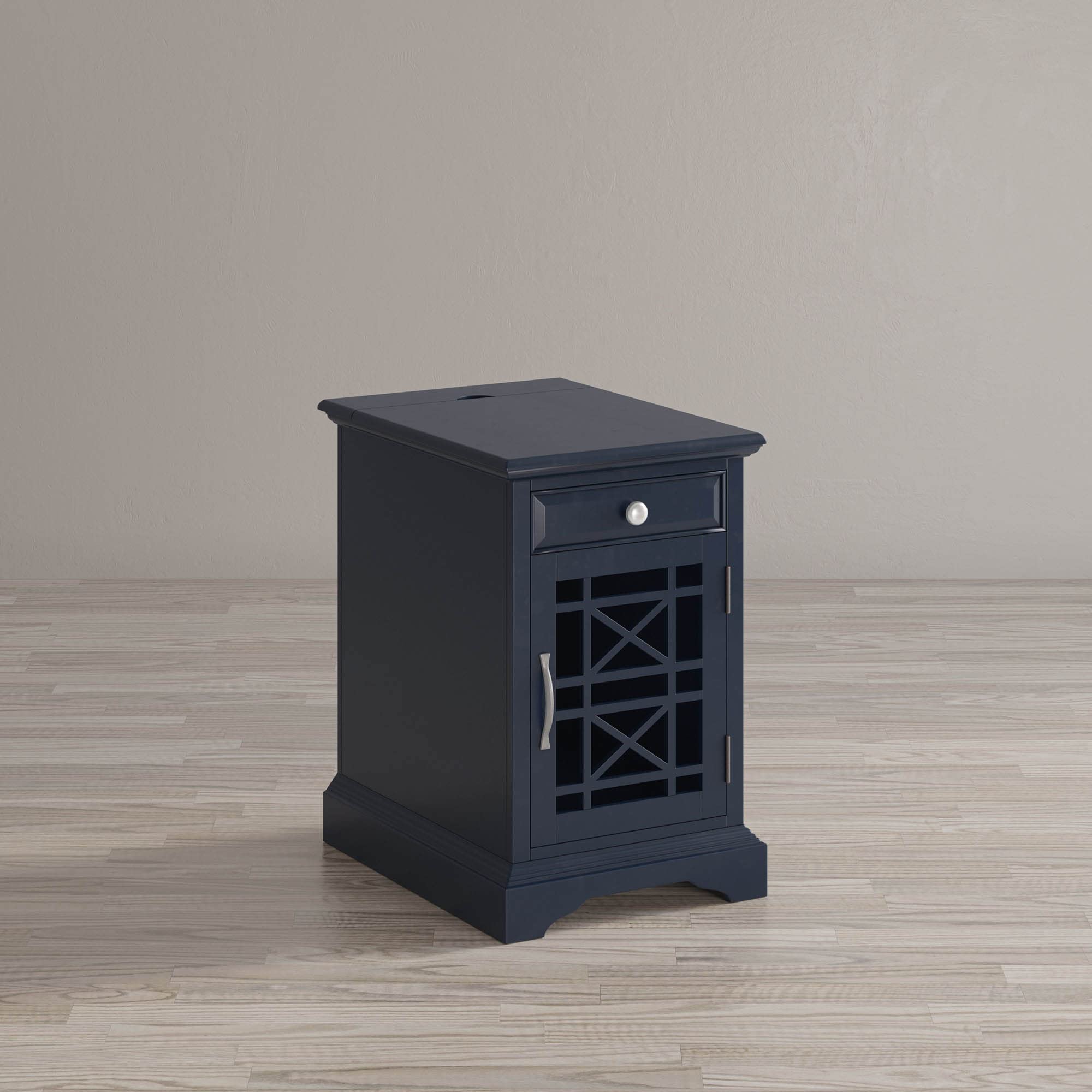 Farmhouse Style USB Charging Station End Table with Glass Door & Storage - Nightstand for Bedroom, Living Room, Office - Navy Wooden Side Table for Phone & Device Organization