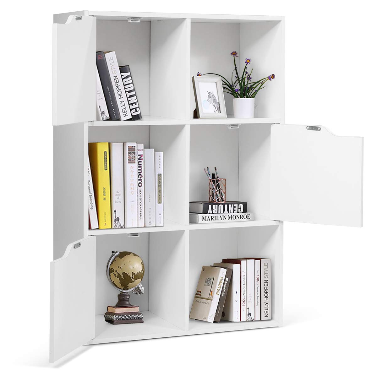 Giantex 6-Cube Storage Organizer - Wooden Bookcase with 3 Open Shelves & 3 Cabinets, White - Free Standing Cubby Shelf for Home Office, Living Room, Bedroom - Organize Books, Toys, Decor & More