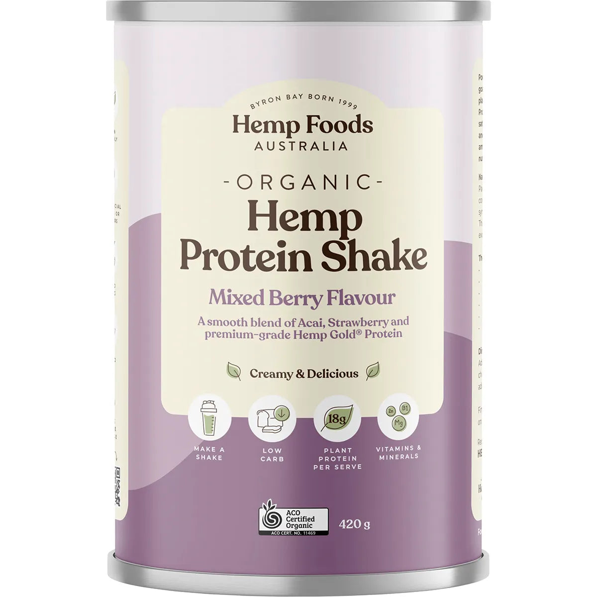 Organic Hemp Protein Shake Powder - Mixed Berry Flavor 420g | Plant-Based Vegan Protein Supplement for Smoothies & Post-Workout Recovery | Hemp Foods Australia