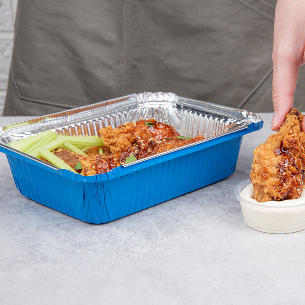 16 oz Rectangle Blue Aluminum Take Out Food Containers with Polka Dot Paper Lids (7.25