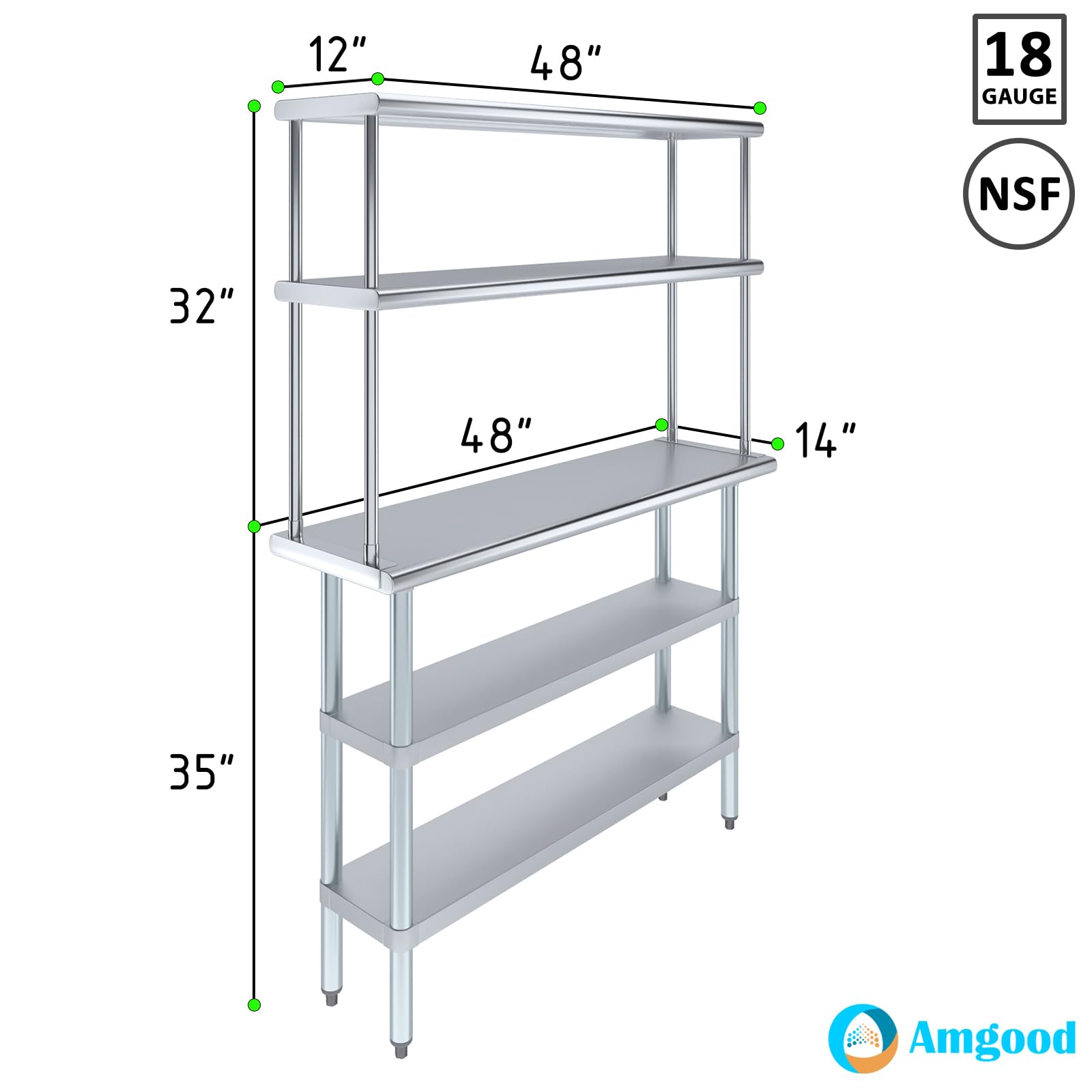 Amgood Stainless Steel Work Table with 2 Shelves | Heavy Duty Metal Kitchen Prep Table & Storage Shelving Combo (14