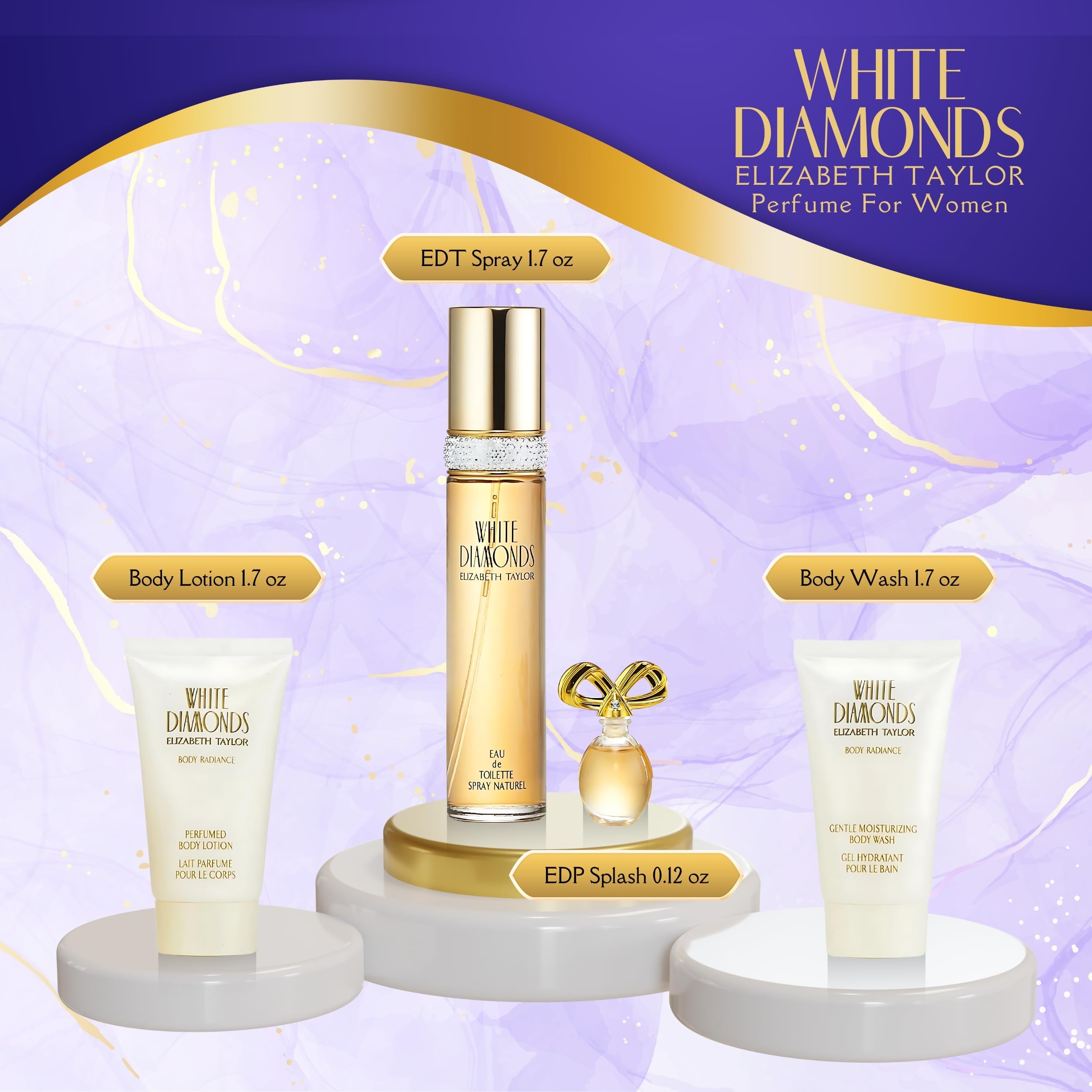 Elizabeth Taylor White Diamonds Perfume Gift Set for Women - 4 Piece 1.7 Fl Oz Eau de Parfum | Luxury Fragrance for Evening Wear, Date Night & Special Occasions
