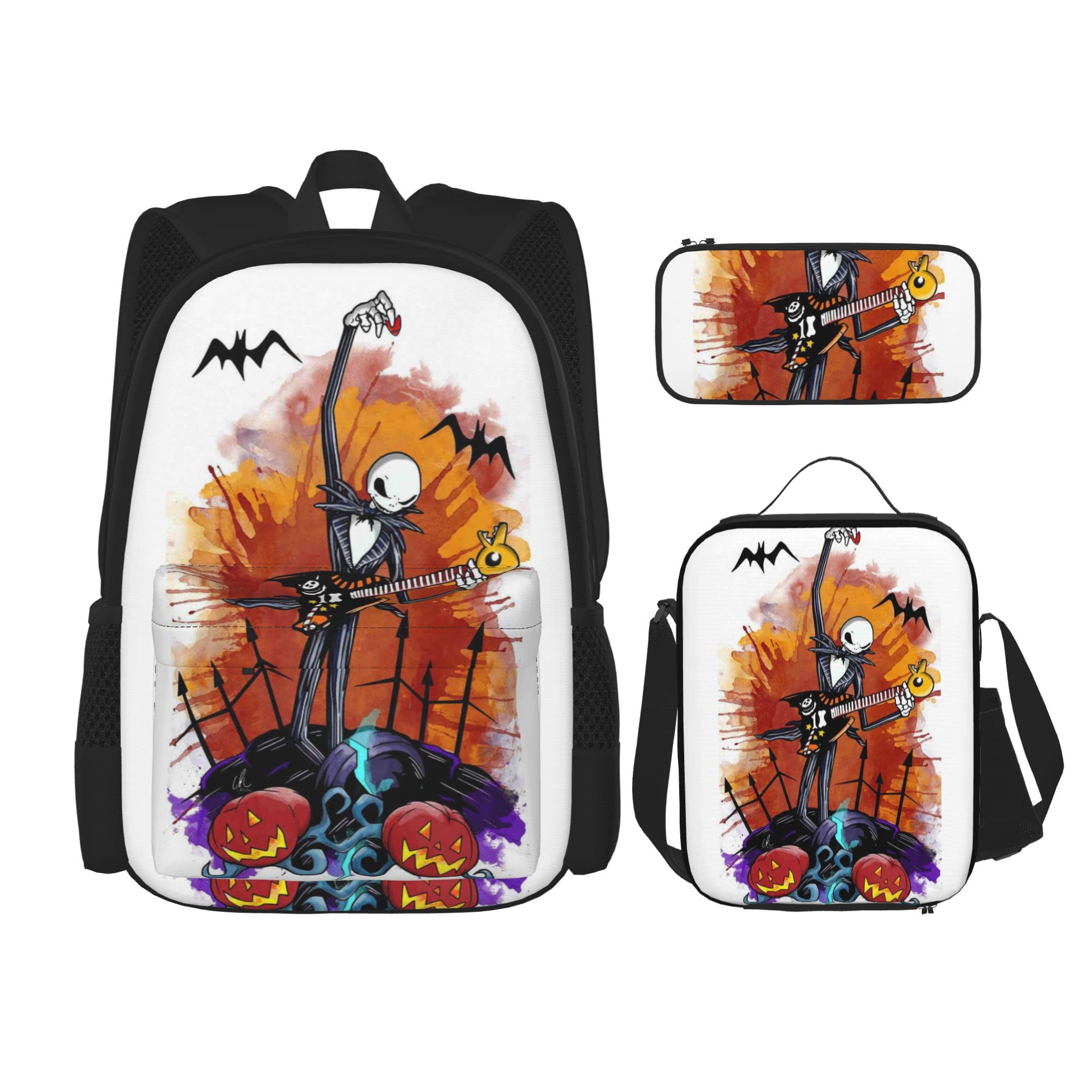 Halloween Nightmare 3-Piece Backpack Set - Cartoon Backpack with Lunch Box & Pencil Case for Girls, Teens, Women & Men - Durable Laptop School Backpack - Wear-Resistant for Christmas, Hiking, Camping & Daypack Use - Perfect for School, Travel & Outdoor Adventures