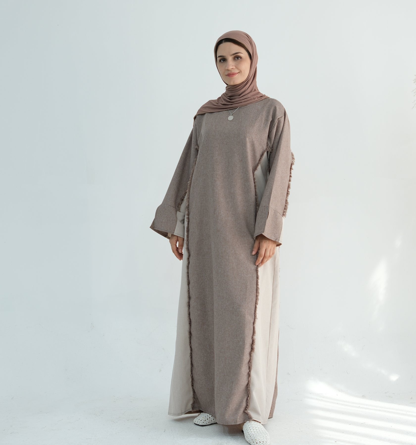 Blair Fringe Abaya Dress in Taupe - Elegant Islamic Modest Dress for Women, Perfect for Prayer, Eid, and Special Occasions
