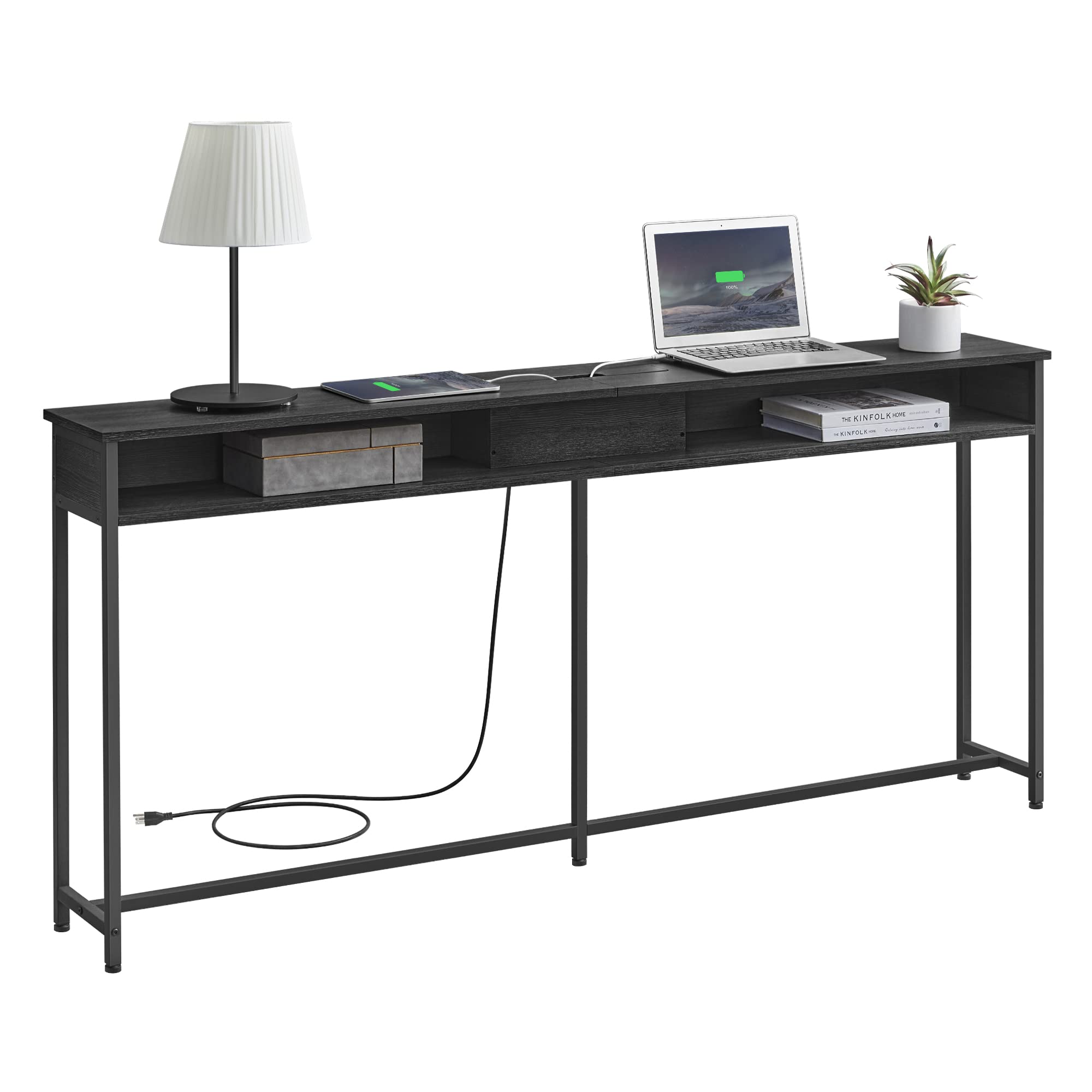 VASAGLE 70.9-Inch Modern Console Table with Built-in USB Outlet & 2 Shelves - Slim Sofa Table with Charging Station, Narrow Entryway Table for Hallway, Living Room - Charcoal Gray & Black ULNT118B22 | Perfect for Small Spaces, Behind Couch, Apartment Decor & Home Office Organization