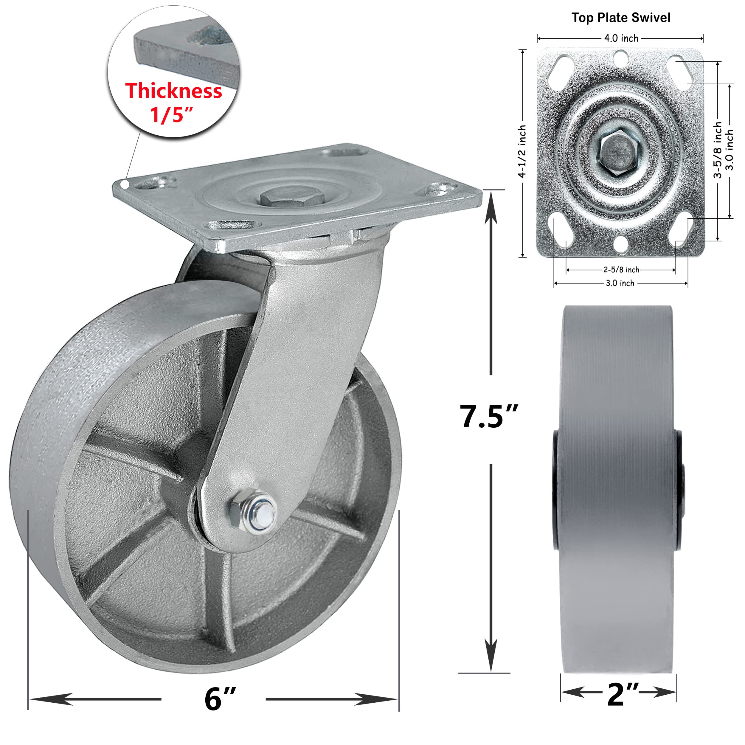 Heavy Duty 6-Inch Steel Cast Iron Caster Wheels - Set of 4 with 5000LB Capacity (4 Swivel) for Tool Boxes, Workbenches, Industrial Equipment & Workshop Applications