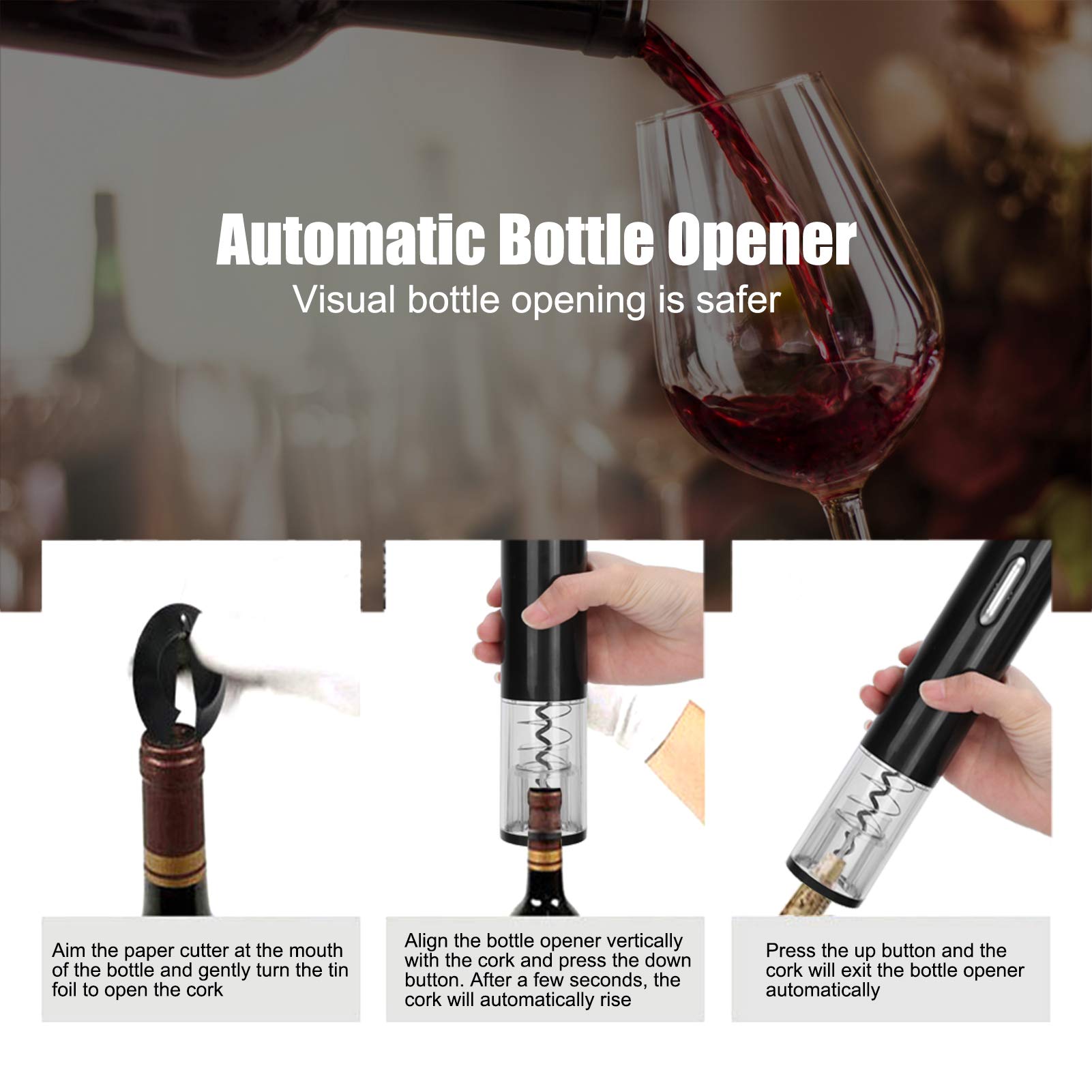 Automatic Electric Wine Bottle Opener with Removable Foil Cutter - Black | Cordless Rechargeable Corkscrew for Easy Wine Opening | Perfect for Home, Parties, and Restaurants