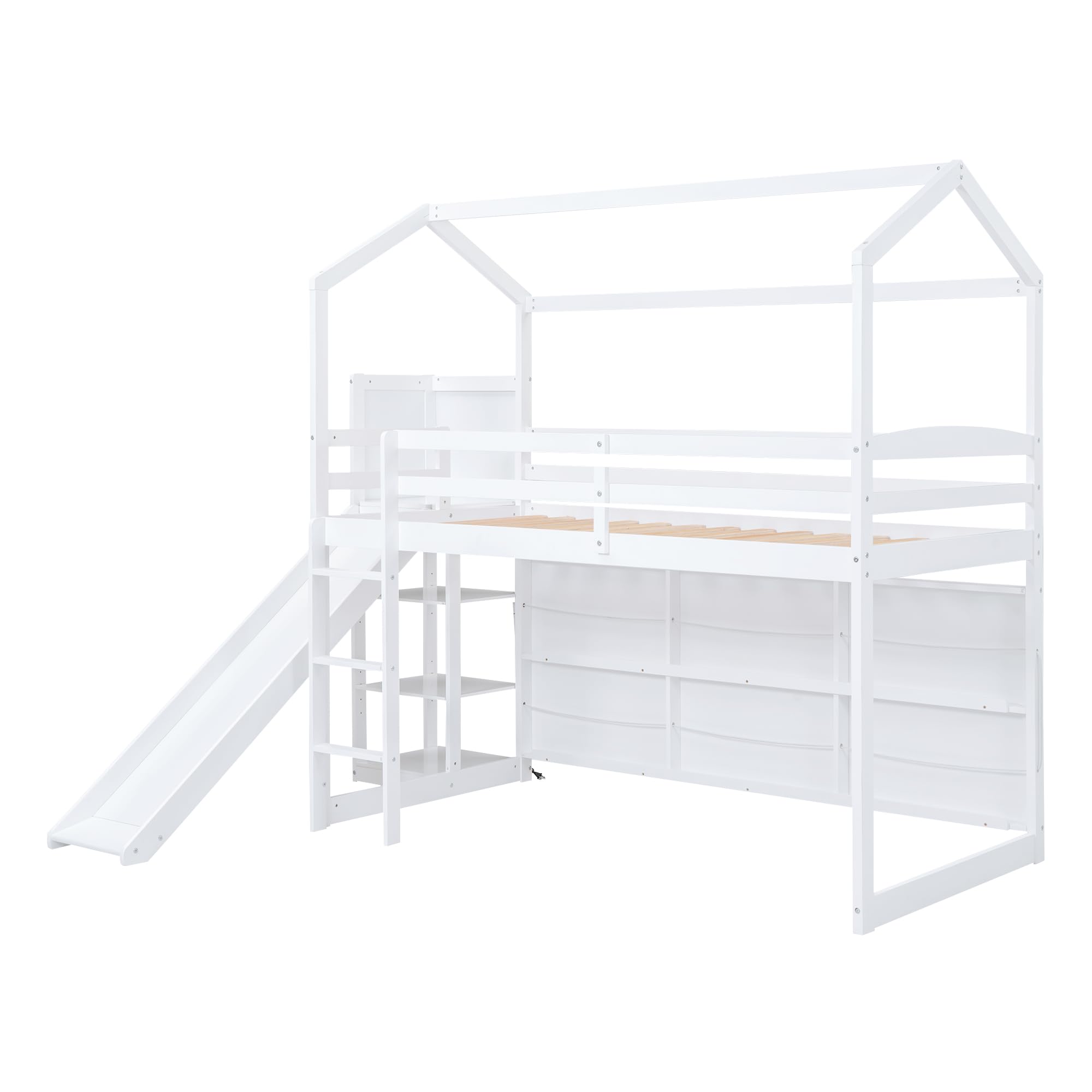 Harper & Bright Designs Twin Size Wooden Loft Bed with Slide, Storage Shelves & Light - Kids Playhouse Bed for Boys & Girls in White - Perfect for Small Bedrooms, Playrooms & Space-Saving Kids' Furniture