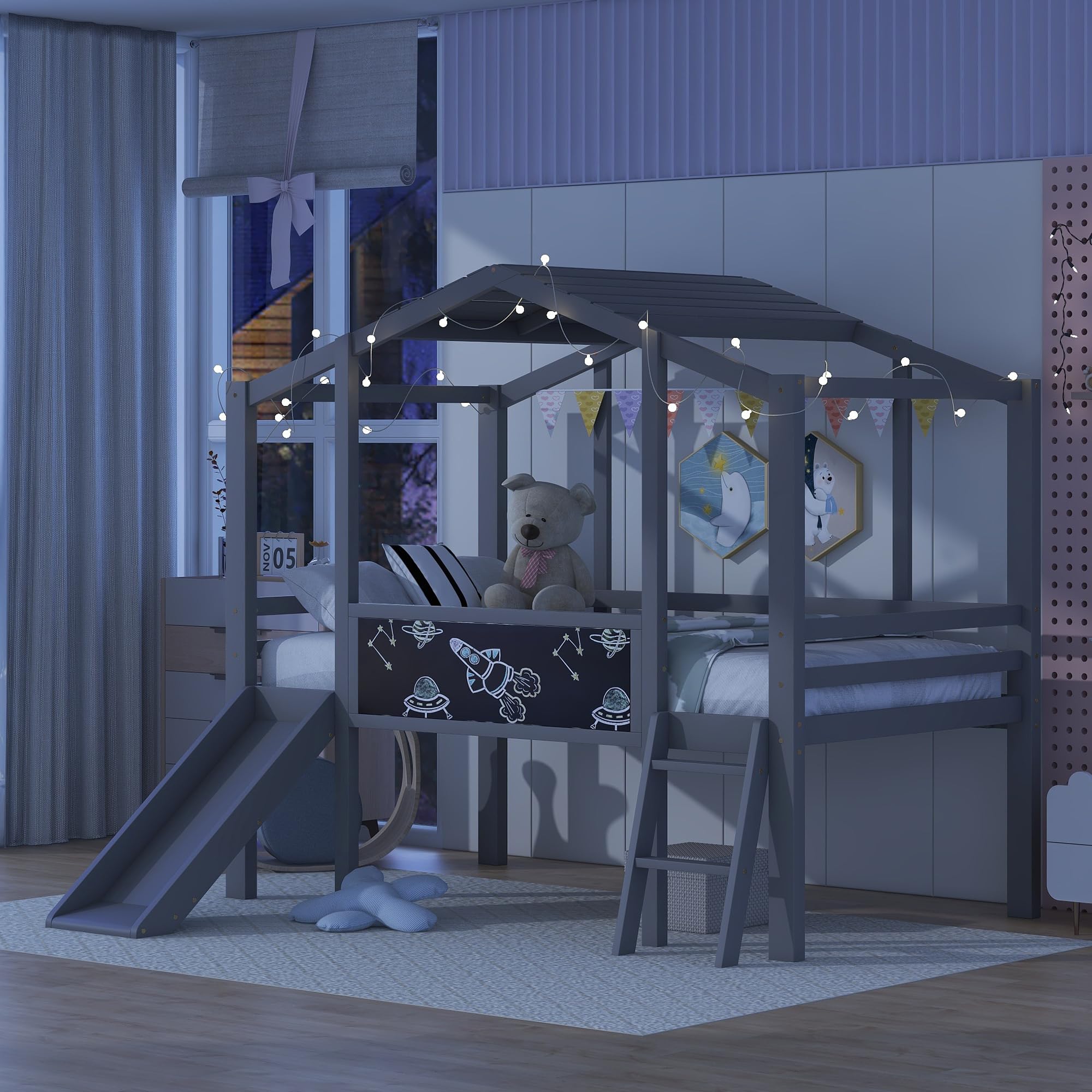 **Twin Size Loft Bed with Slide for Kids - Low Loft Bed with Blackboard & LED Light Strip - Wooden Slide Bed for Boys & Girls (Grey) - Perfect for Small Bedrooms, Playrooms & Fun Sleepovers**