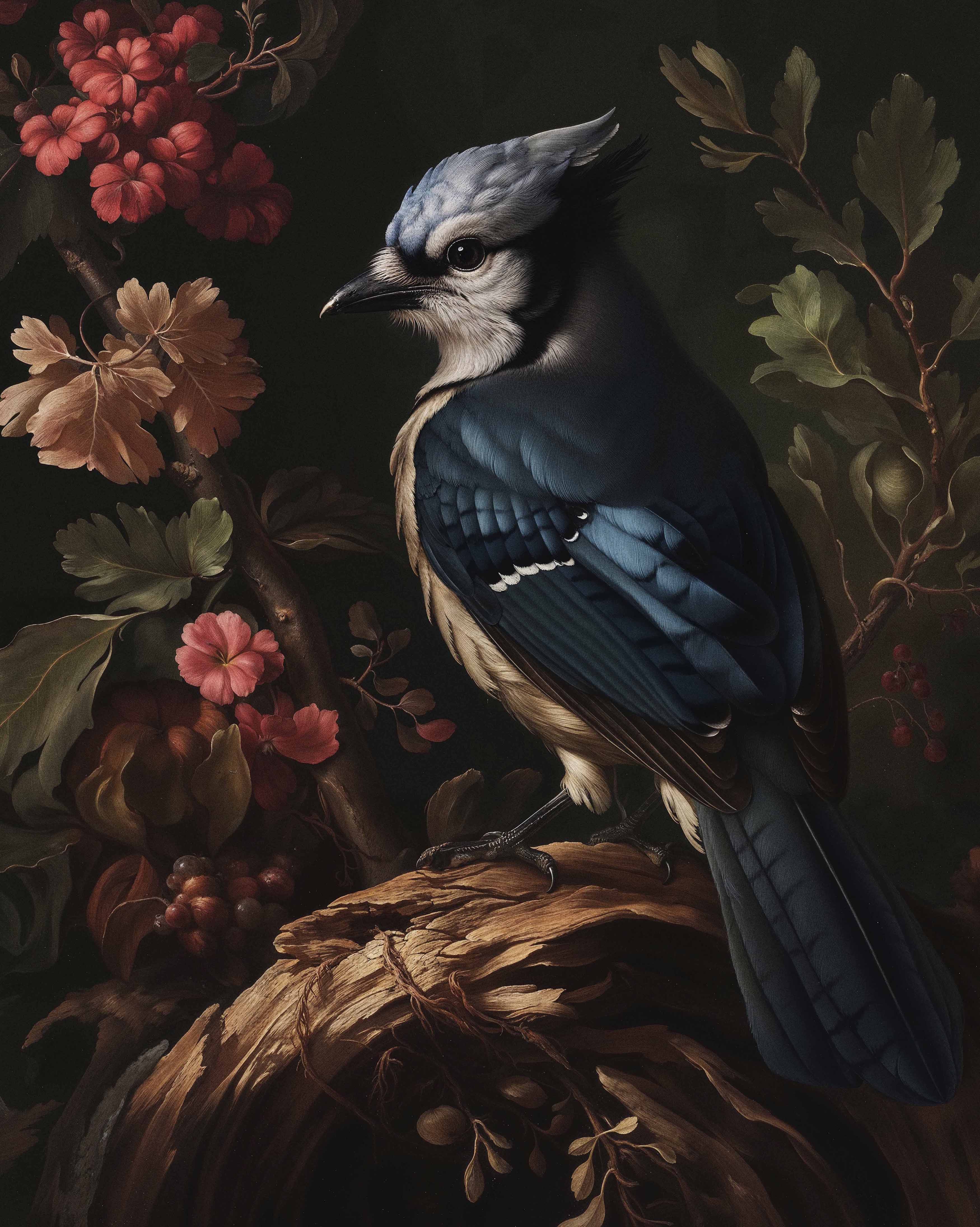 Blue Jay Among Flowers - Limited Edition Elegant Canvas Wall Art for Home & Office Decor | Nature-Inspired Painting for Living Room, Bedroom, or Gift