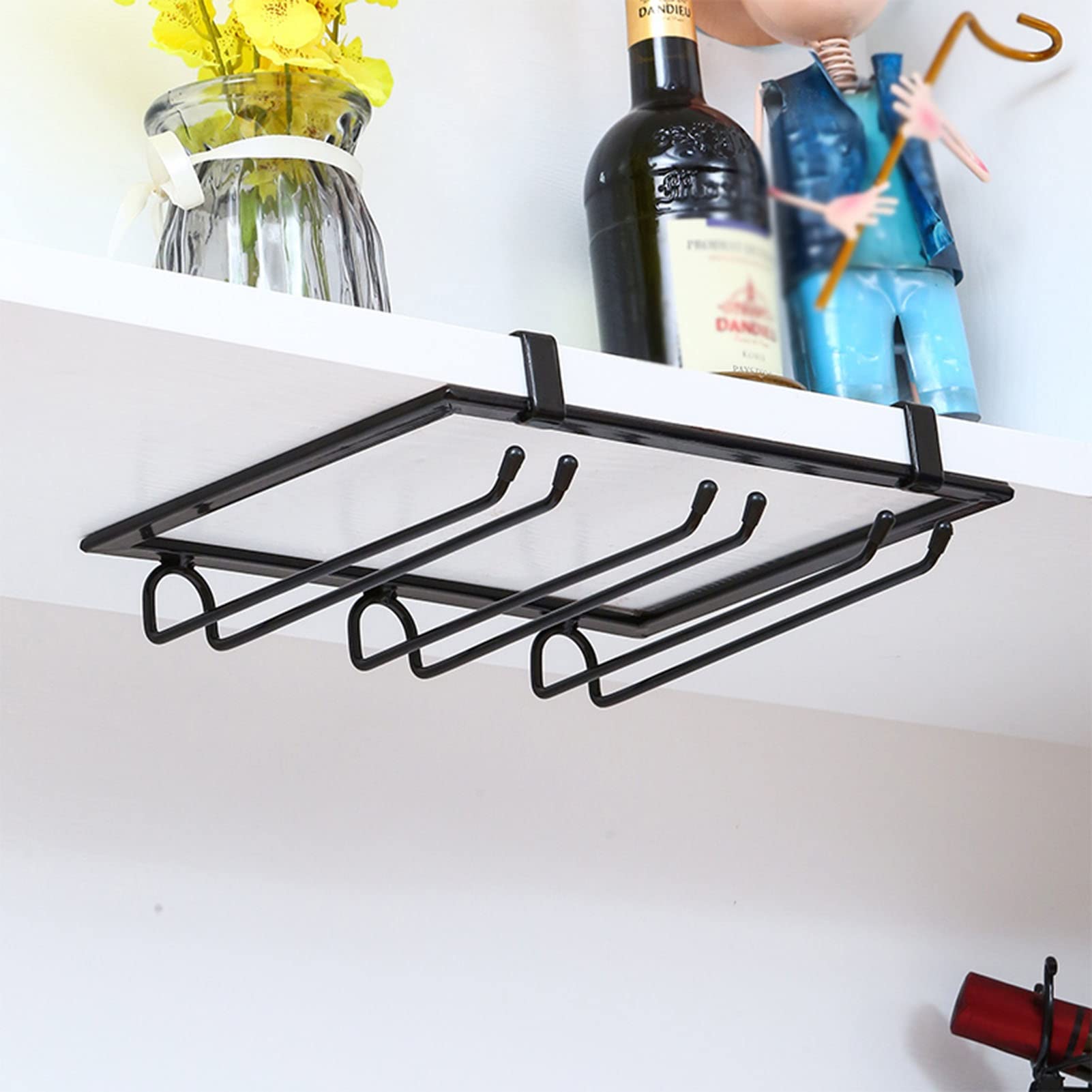 Premium Under Cabinet Stemware Wine Glass Rack - Heavy Duty Metal Hanging Holder for Wine, Champagne & Cocktail Glasses - Space Saving Storage Solution for Kitchen, Bar & Restaurant (Black) - Perfect for Home Entertaining & Commercial Use