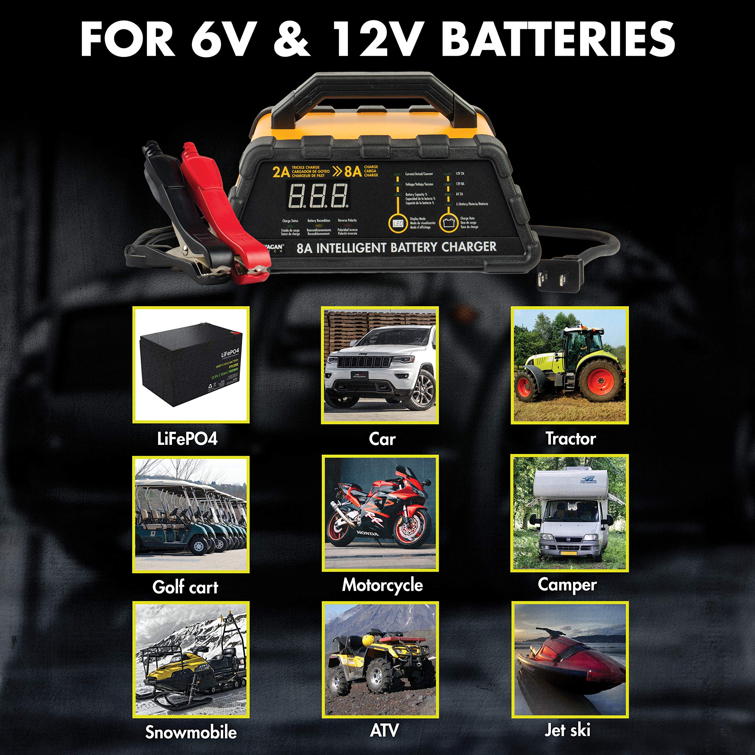 Wagan EL7406 8A Smart Battery Charger & Maintainer - 6V/12V Fully Automatic for Car, Motorcycle, Boat, RV - Trickle Charge & Desulfation Mode for Long-Term Storage