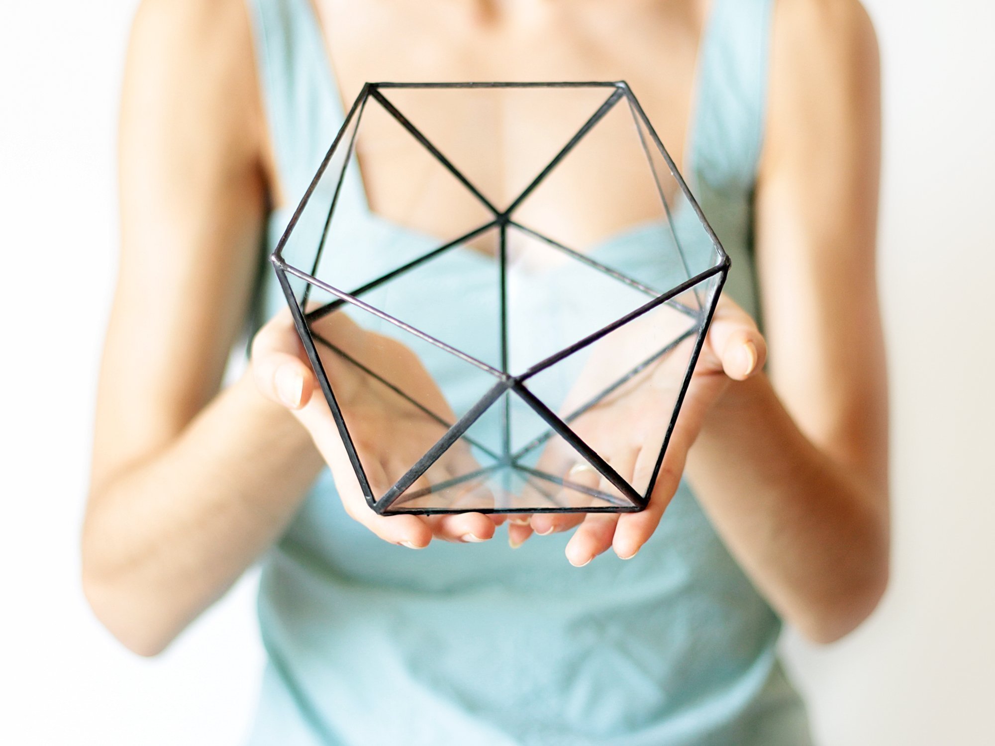 Clear Glass Geometric Terrarium Container - Modern Icosahedron Planter for Succulents & Air Plants | Home & Living Room Decor | Wedding Table Centerpiece & Reception Decor (Copper, Silver, Black) | Perfect for Indoor Plant Display, Office Desk Decor, and Gift Giving
