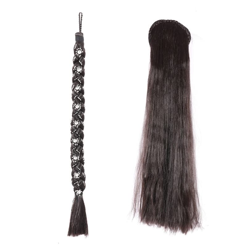 Navjai 2-Pack Real Human Hair Extensions for Women - Natural Black Punjabi Paranda/Parandi Braids with Straight Long Comb Wig | Perfect for Weddings, Parties & Daily Styling