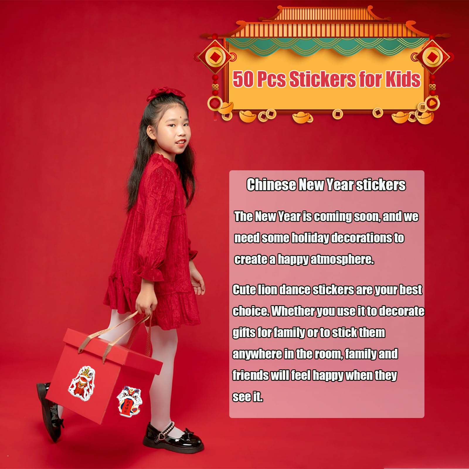 50pcs Chinese New Year Decoration Stickers - Waterproof Cartoon Lion Stickers for Water Bottles, Laptops, Phones | Cute Anime Stickers for Kids & Teens | Perfect for Holiday Decor, School Supplies & DIY Crafts
