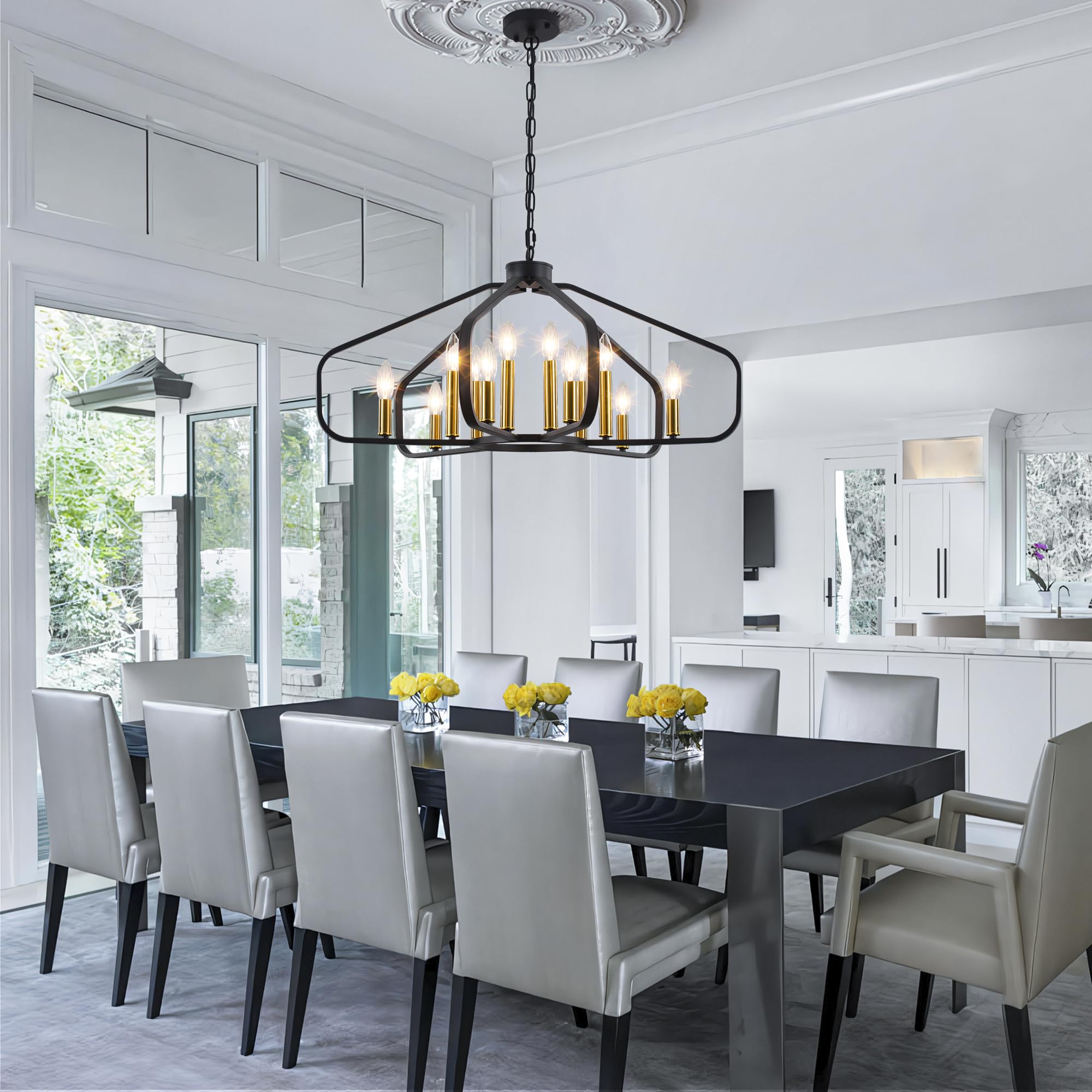 32.28'' Large Black and Gold Modern Farmhouse Cage Chandelier - 12-Light Dining Room Lighting Fixture for Living Room, Bedroom, Kitchen, Entryway & Foyer | Perfect for Rustic Home Decor & Wedding Venue Lighting